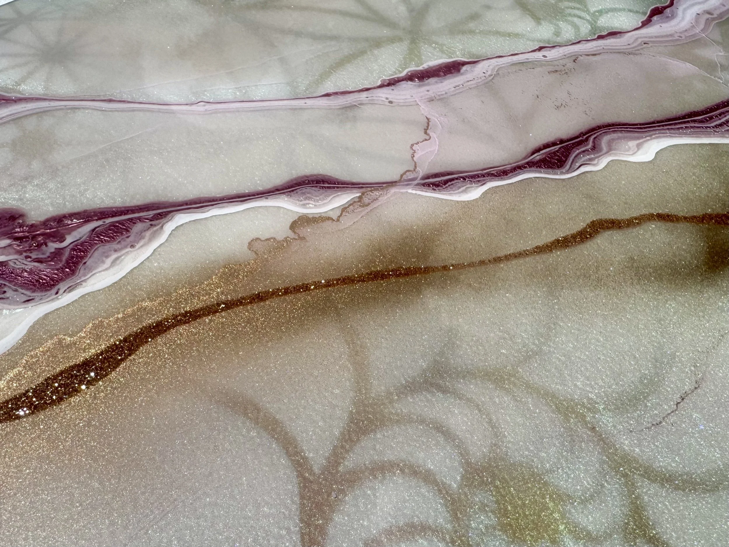 Detail of contemporary mixed media artwork showing iridescent holographic shimmer layered with resin and fine linework.