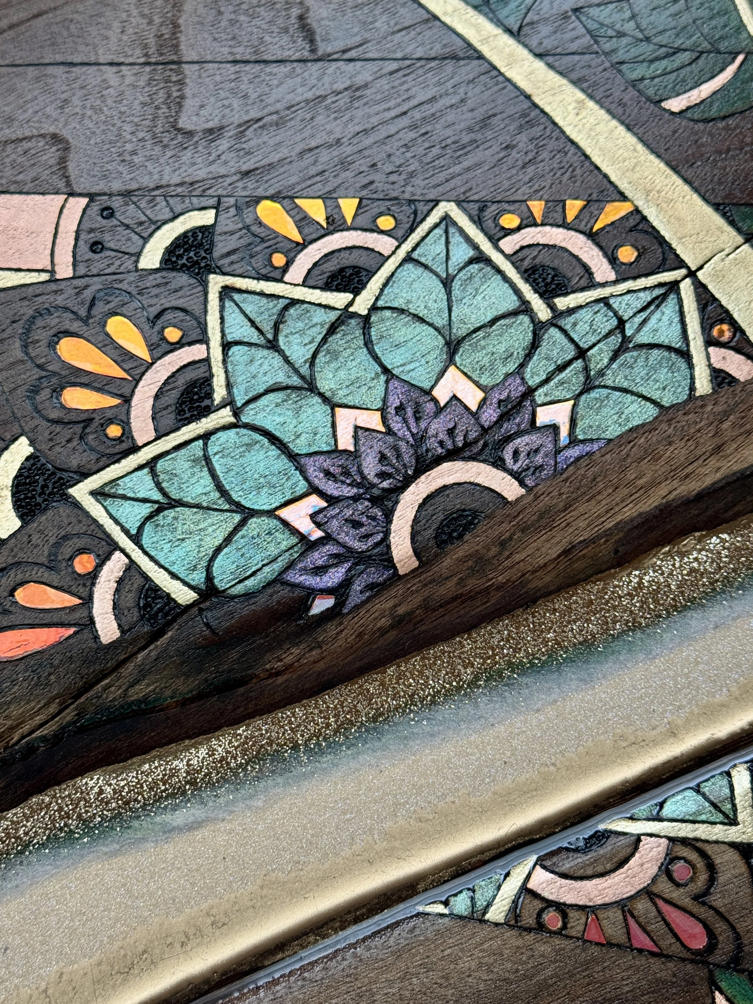 Forest inspired wall art with mushrooms and plant forms in live edge wood