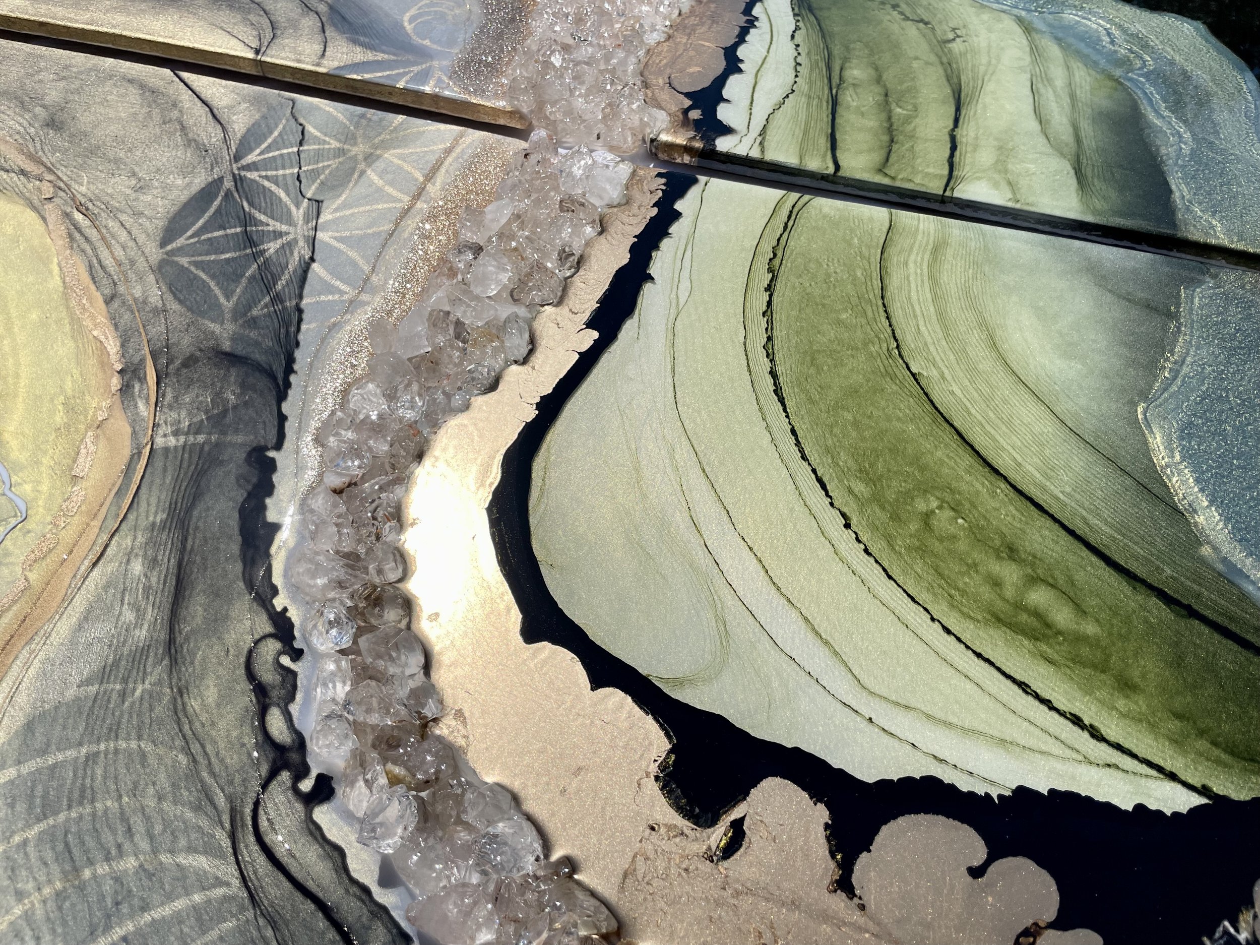 Mixed media diptych wall art with resin, alcohol ink, and gold leaf