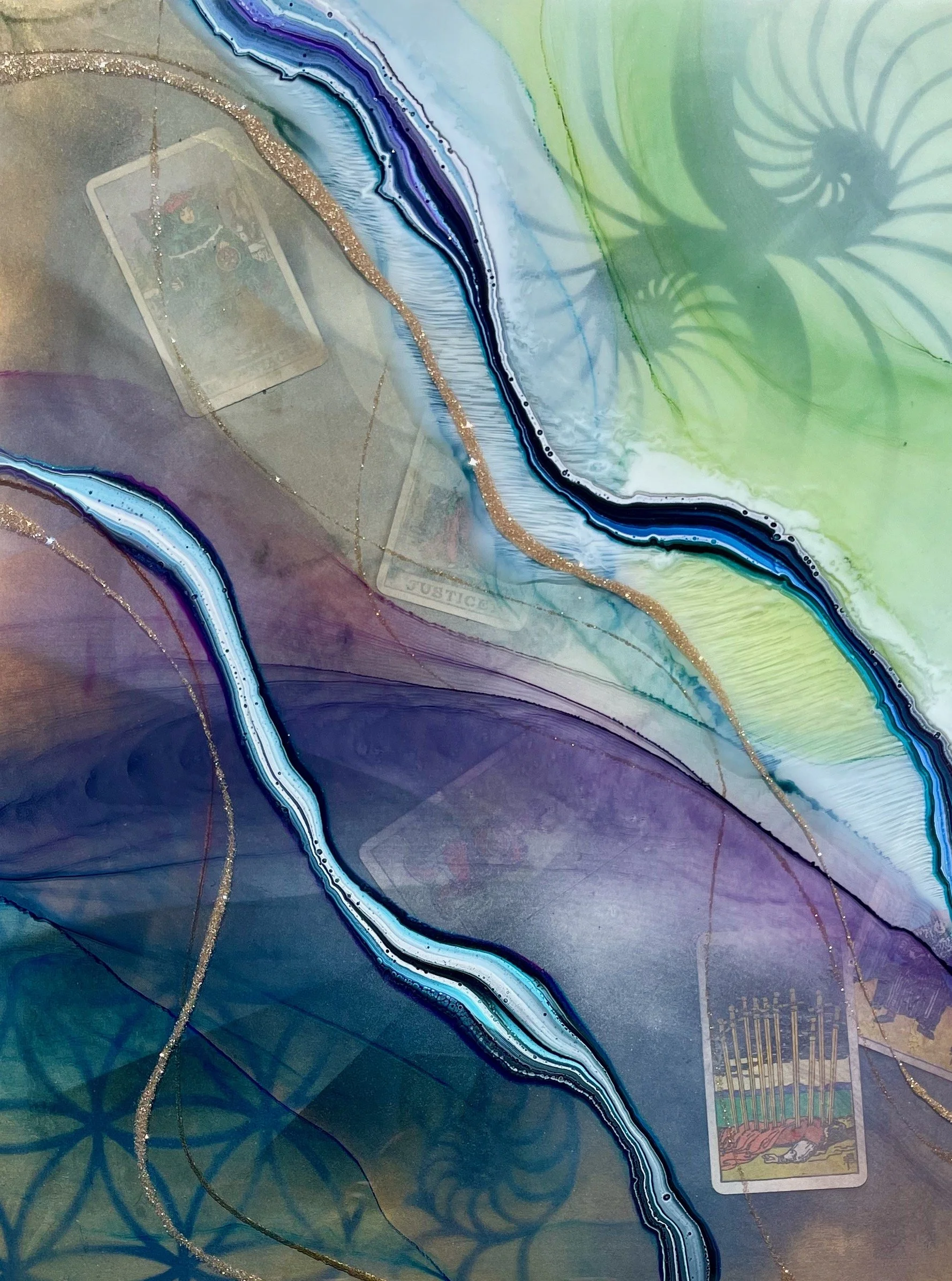 Original mixed media wall art by Austin Texas artist Anne Shackelford, layered resin artwork with shimmer and depth.