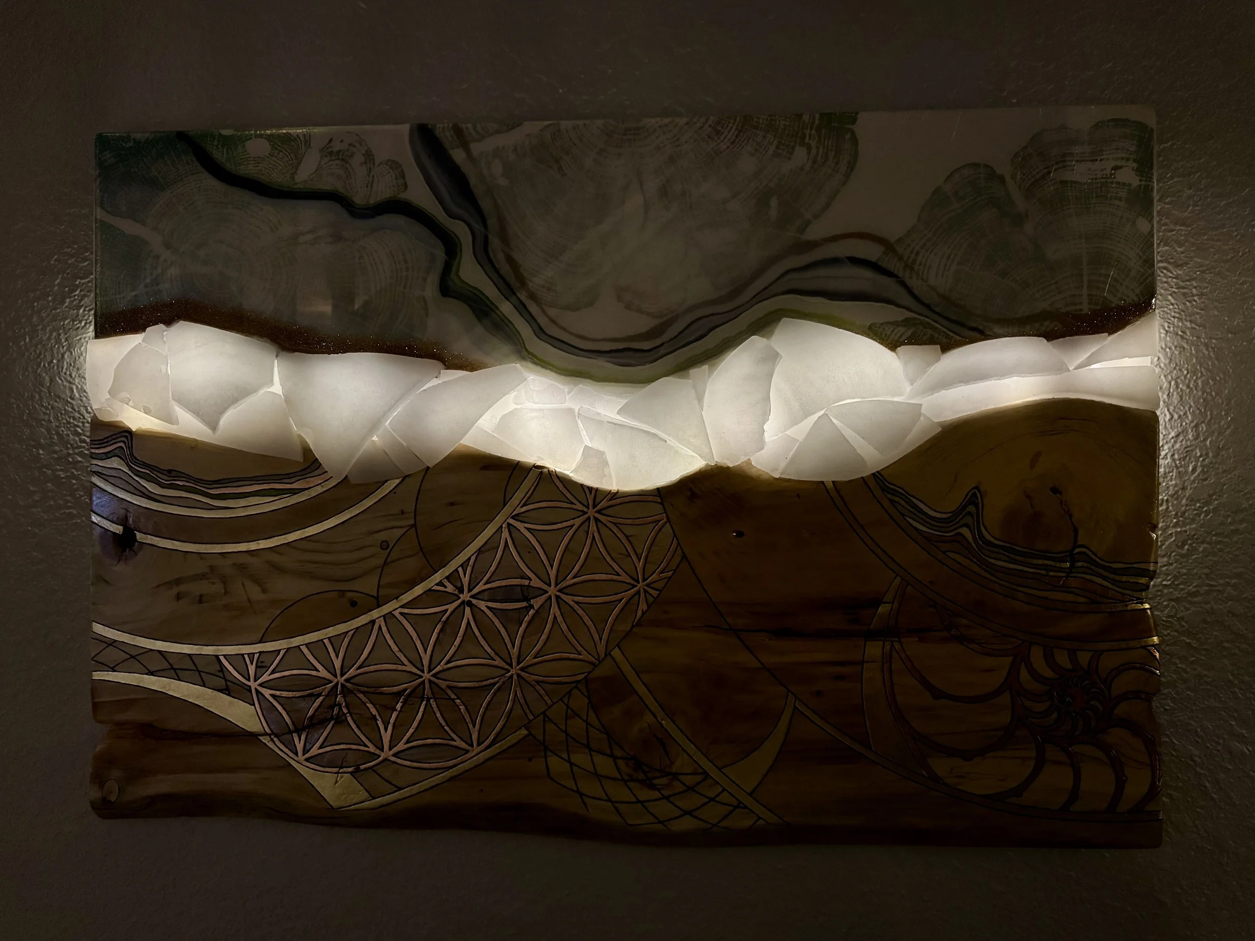 Original wall art revealing detail through layered process glowing