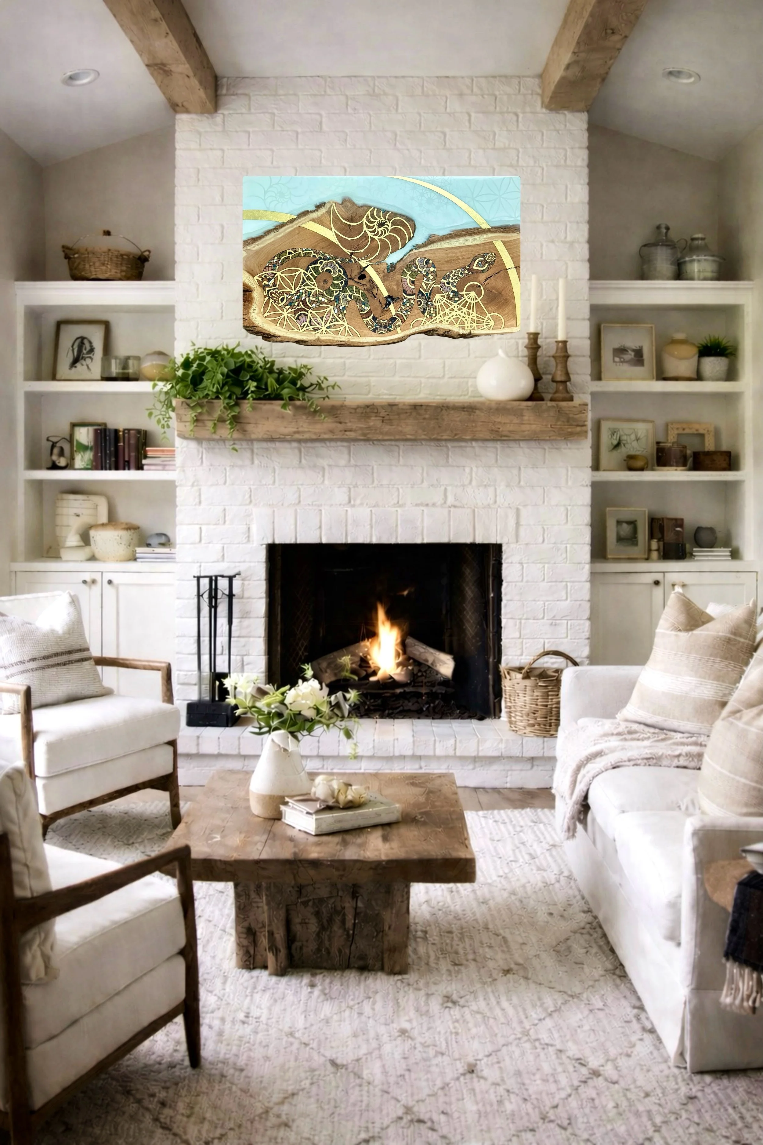 Snake wall art by Anne Shackelford displayed in a styled interior setting