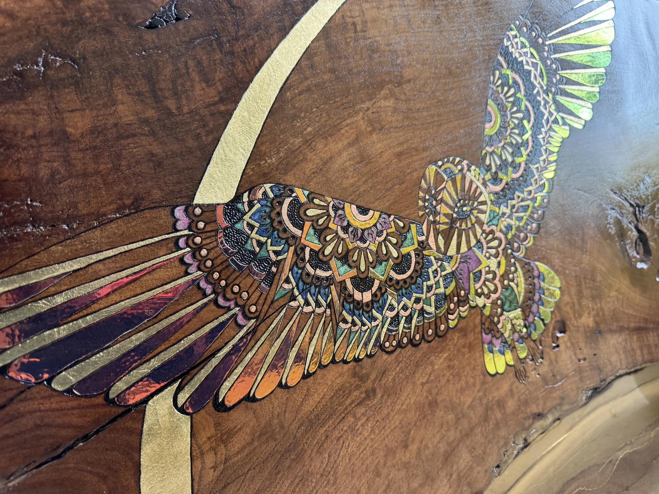 Gilded and textured wall art Emberwing by Anne Shackelford, reflecting warmth and transformation.