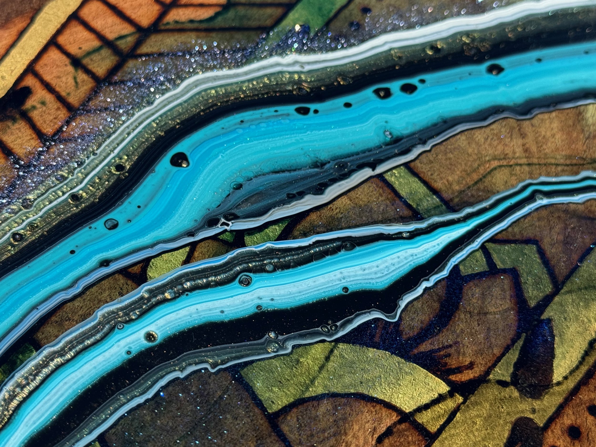 Replenish handmade mesquite board by Anne Shackelford, resin detail and pyrography design.