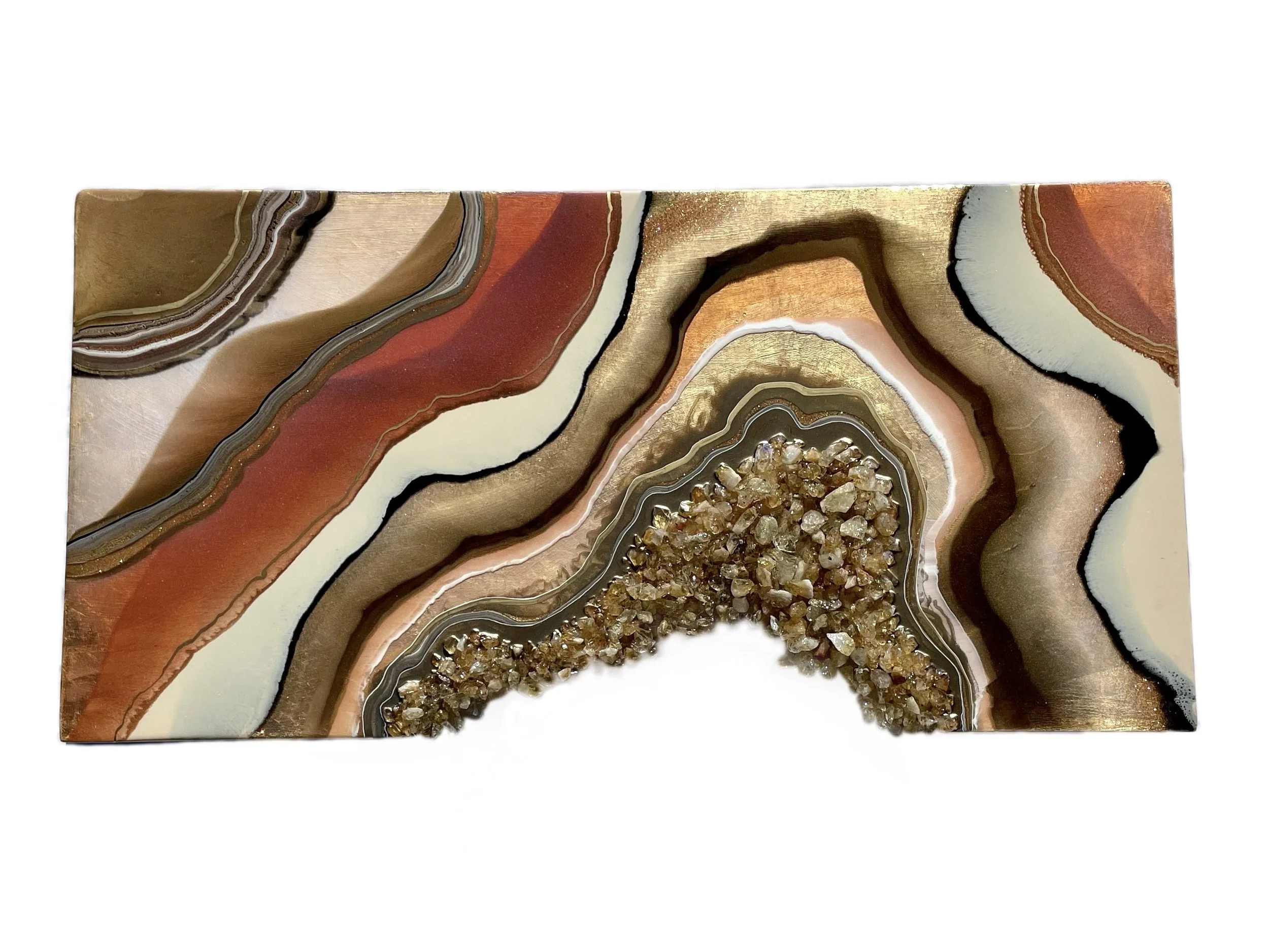 Citrine crystal wall art by Austin Texas artist Anne Shackelford with resin and gold leaf