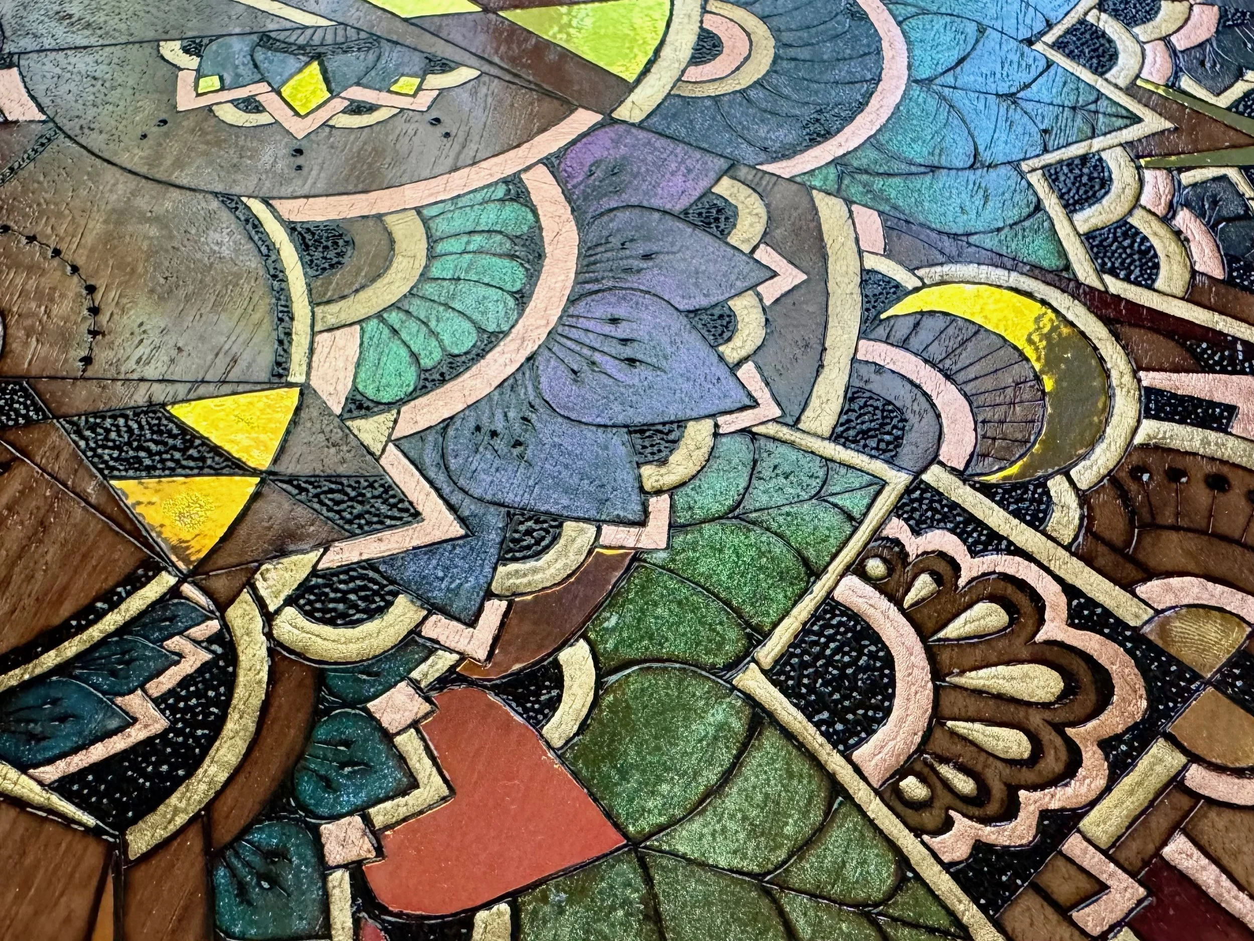 Botanical and geometric layers with intricate texture and earthy tones, energy-rich wall art.