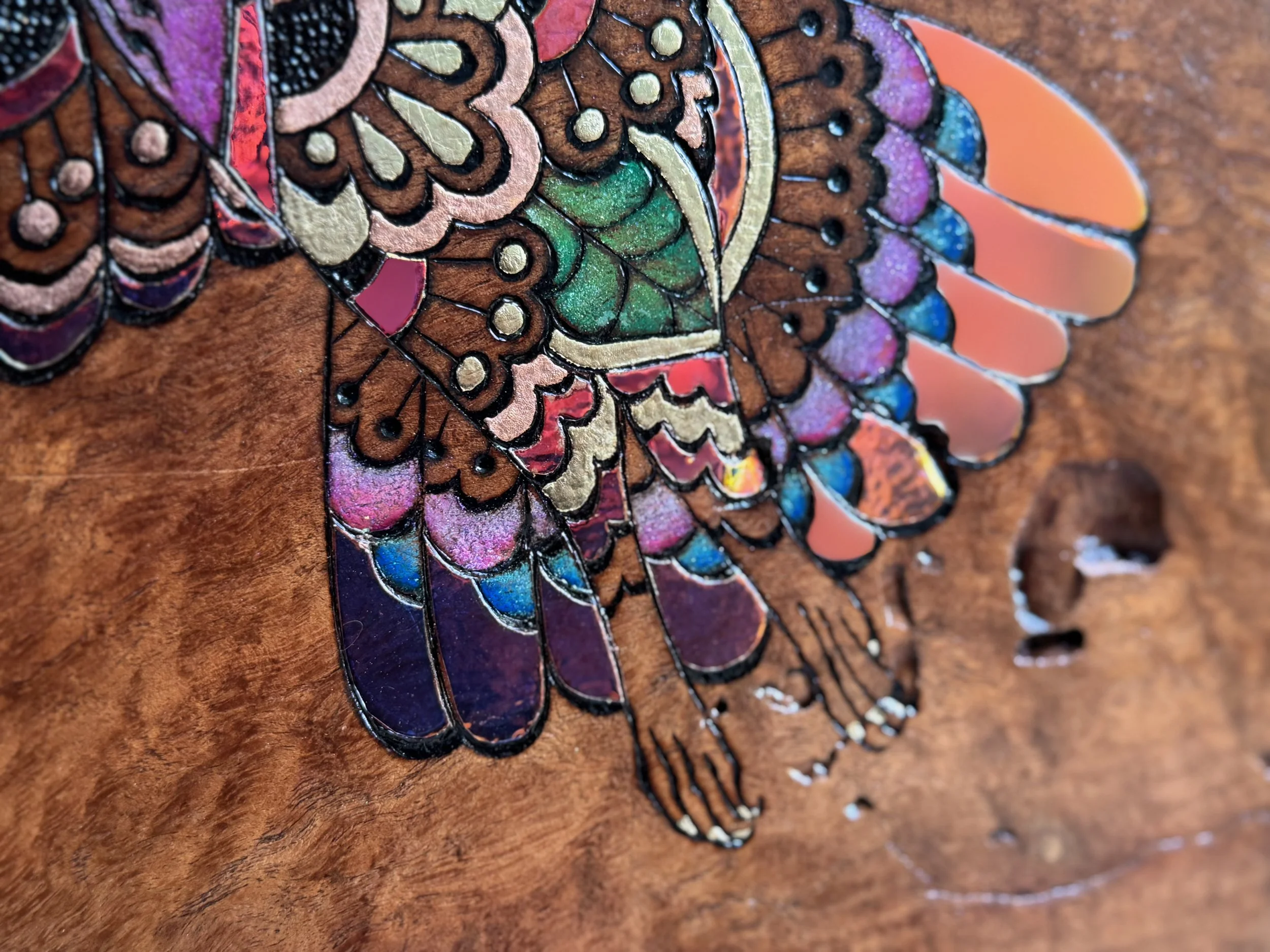 Emberwing mixed media wall art with gilding and holographic film by Anne Shackelford.