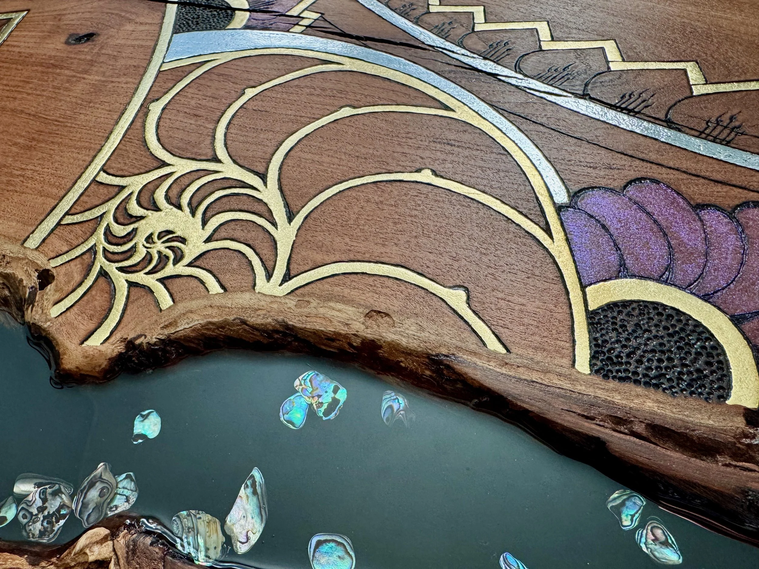 Handcrafted wood artwork Metamorphosis by Anne Shackelford, Texas mesquite and resin.