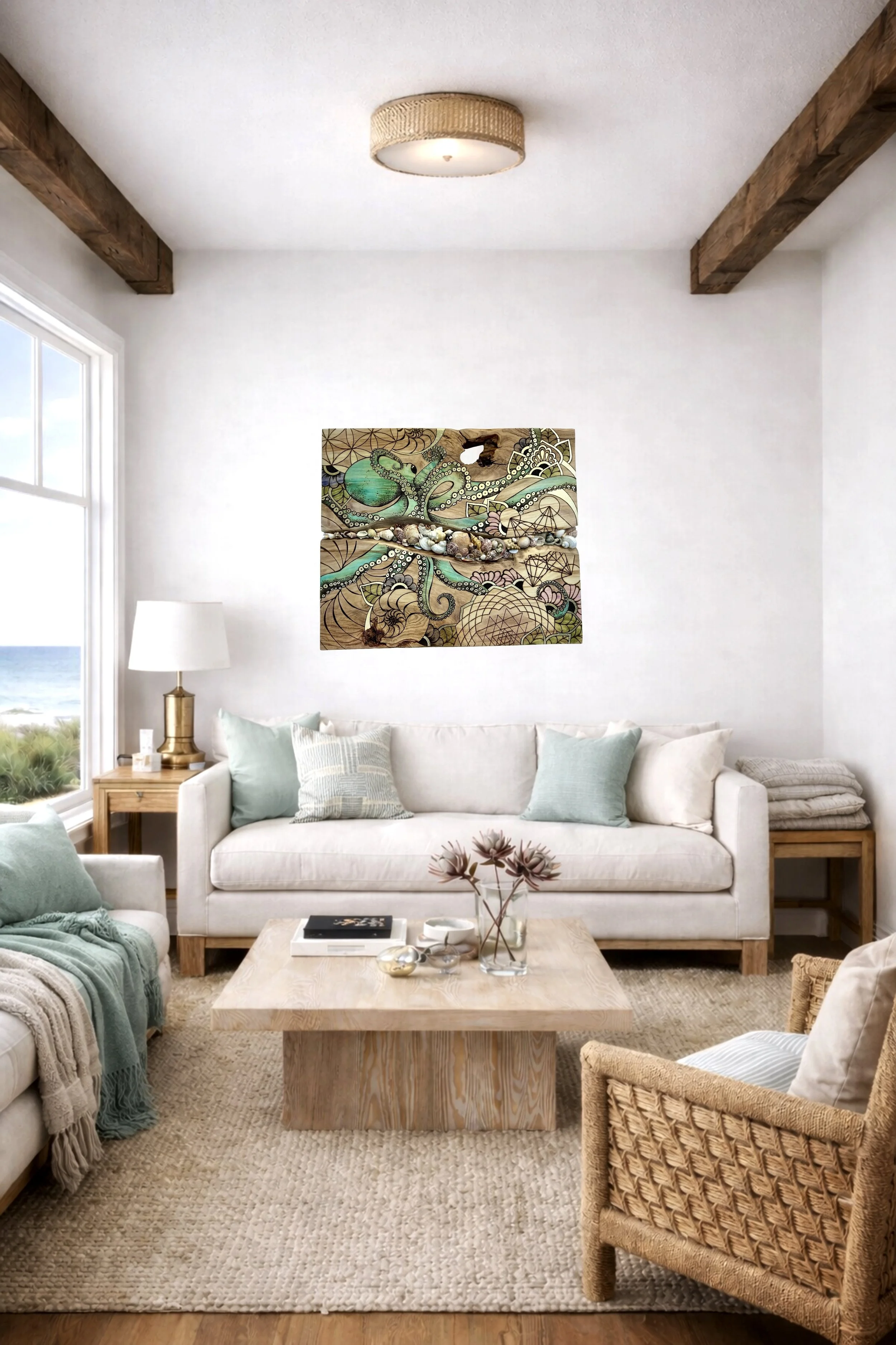 Shell wall art by Anne Shackelford displayed in a styled interior setting