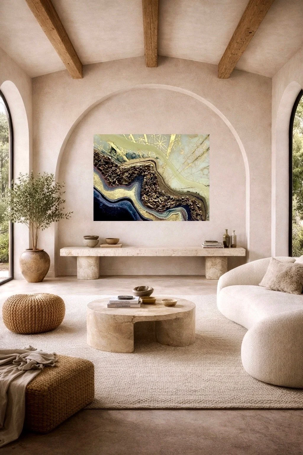 Mixed media wall art by Anne Shackelford created with flint stone, alcohol ink, and luminous resin.