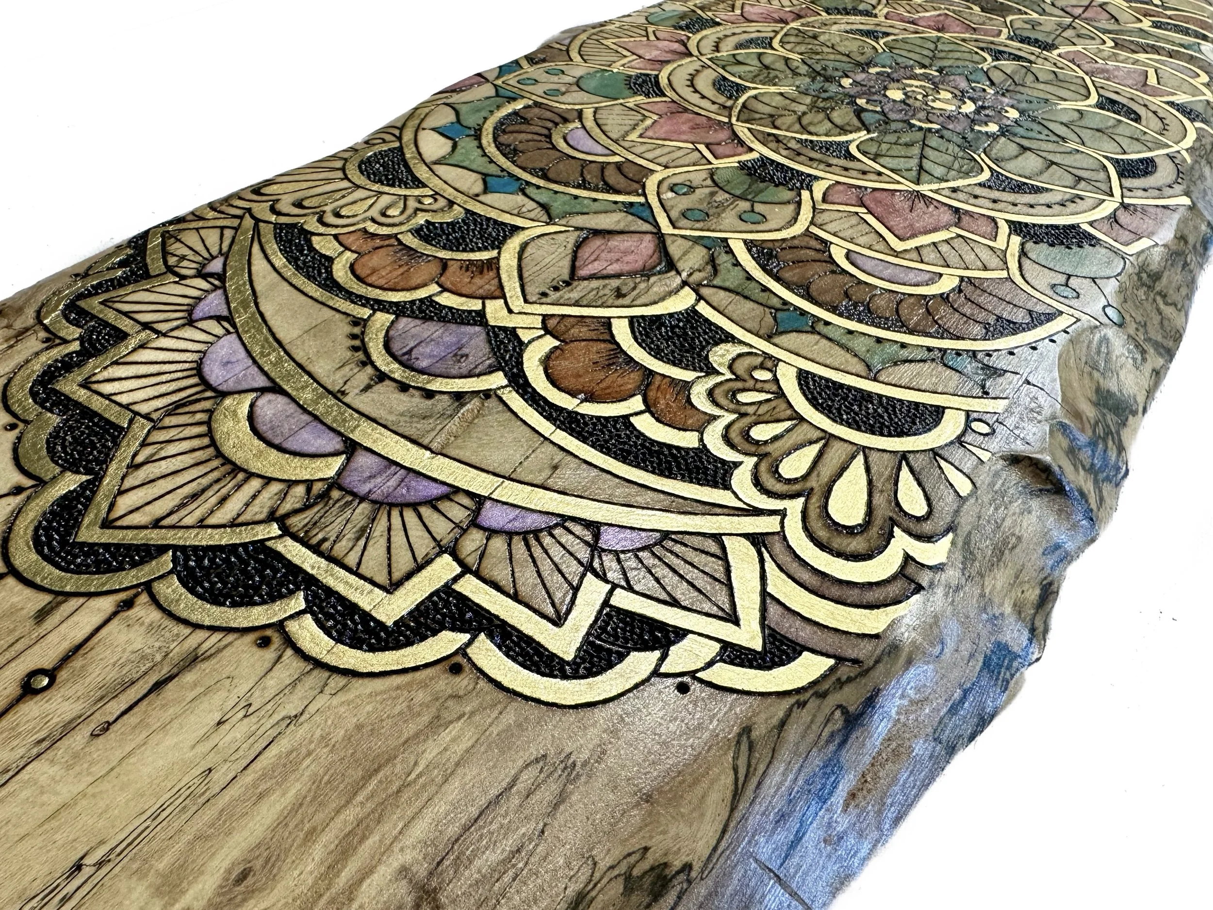Floral symbolism woven into mandala wall art on elm