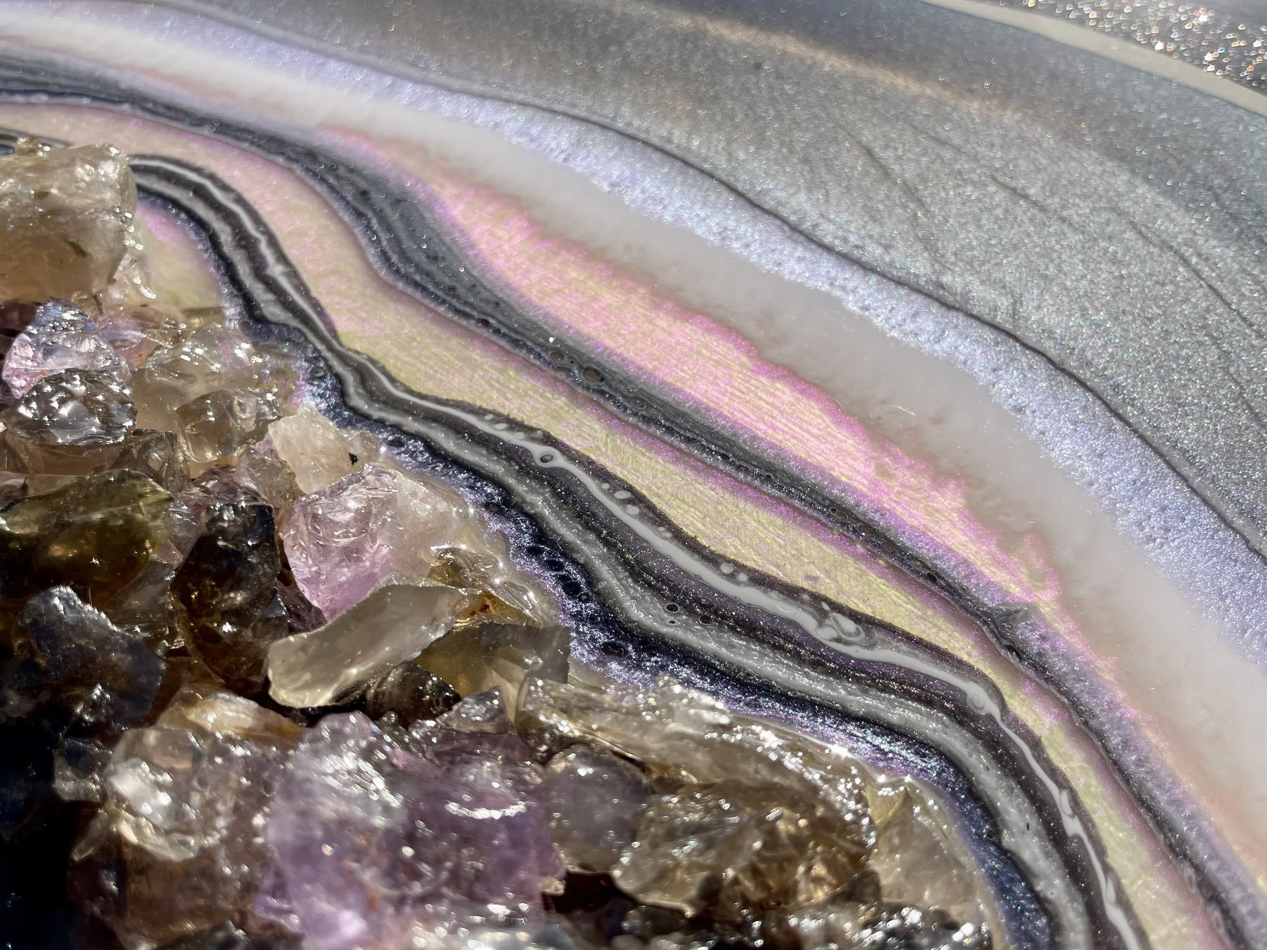 Mixed media geode wall art with amethyst and smoky quartz