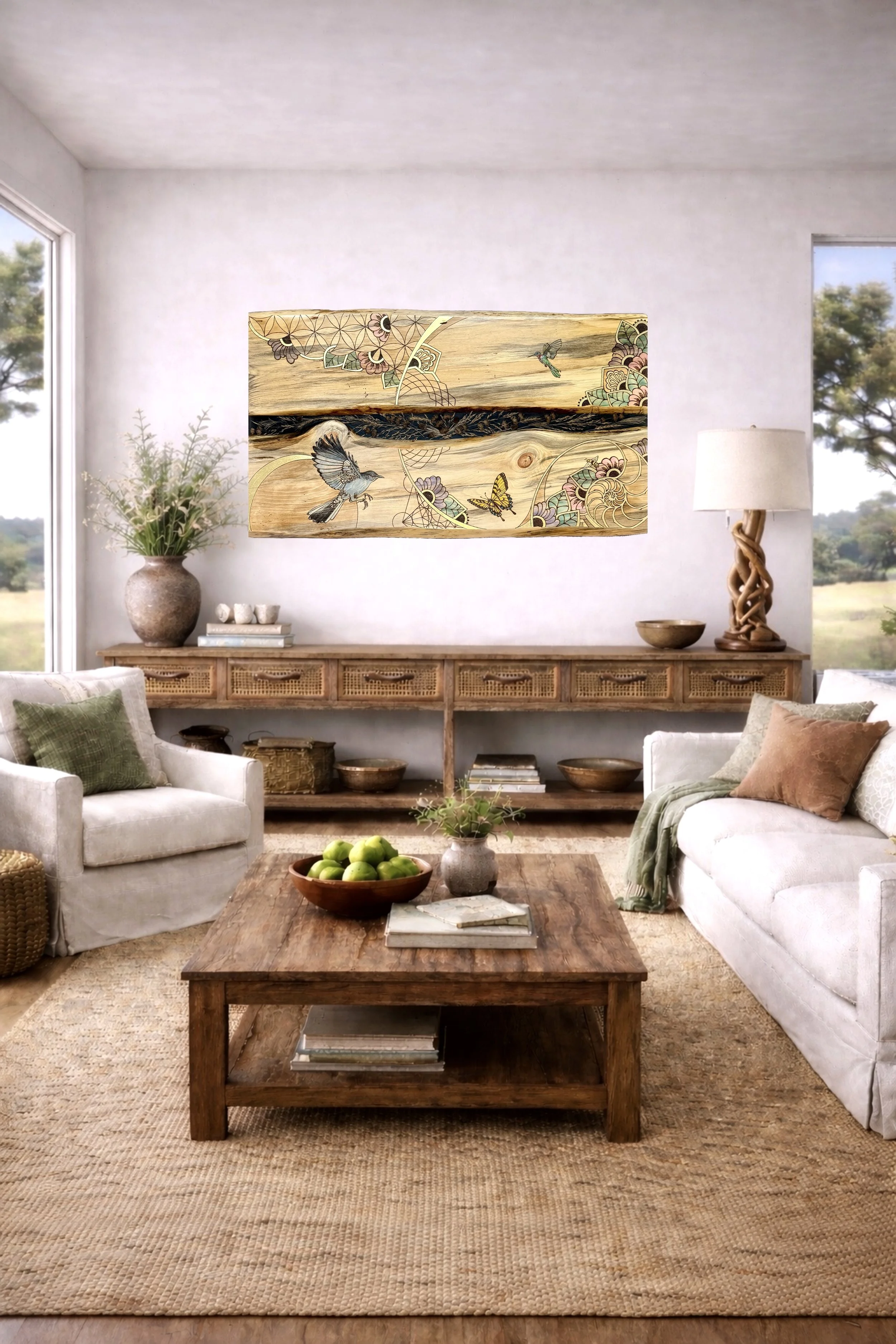 Gilded resin wall art Beloved by Anne Shackelford, created with aspen wood and natural botanicals. Interior Design.