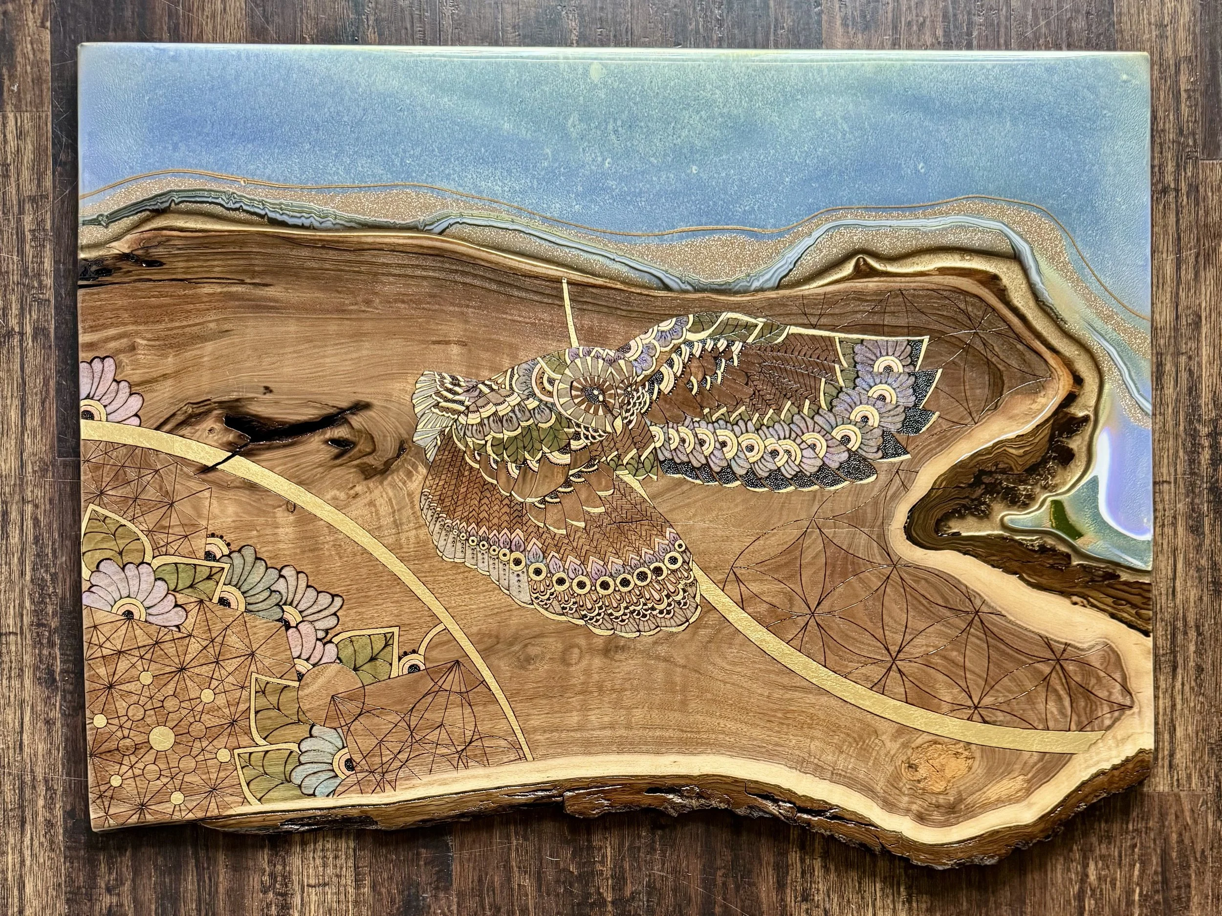 Original owl wall art crafted with walnut, resin, and layered mixed media