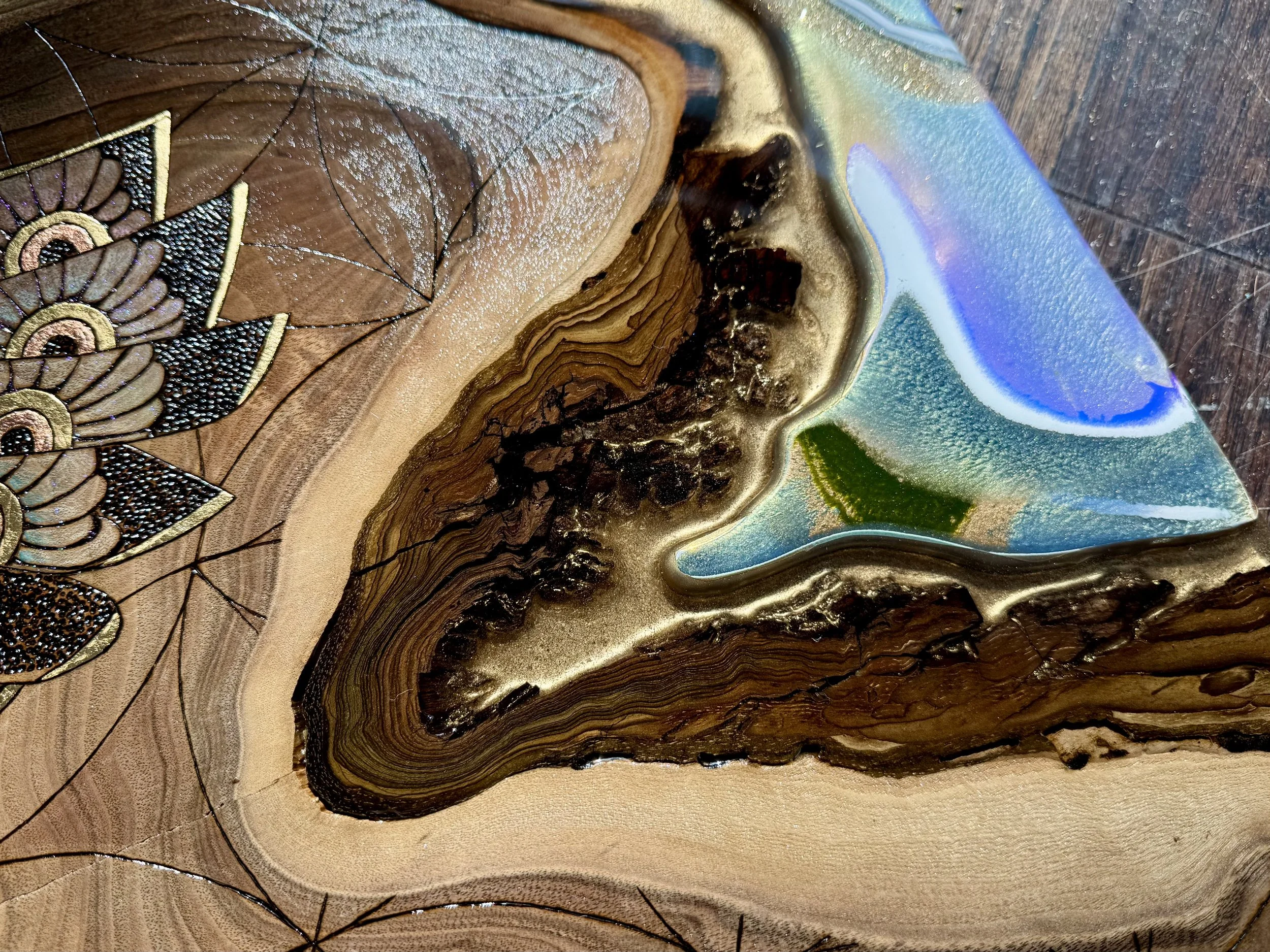 Walnut wall art with opal resin and gold leaf accents