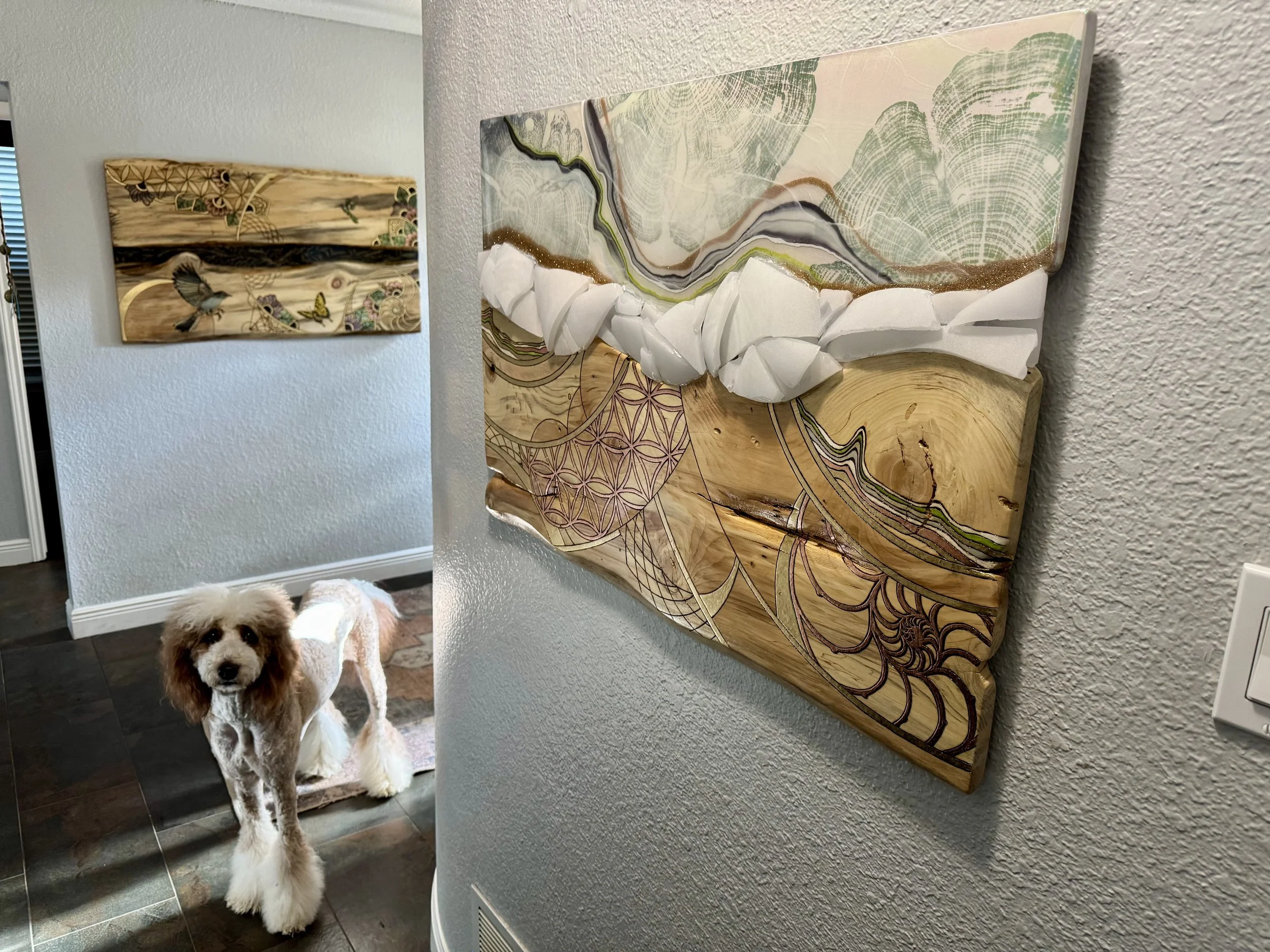 Wall art created on Durango aspen with stamped tree cookie center