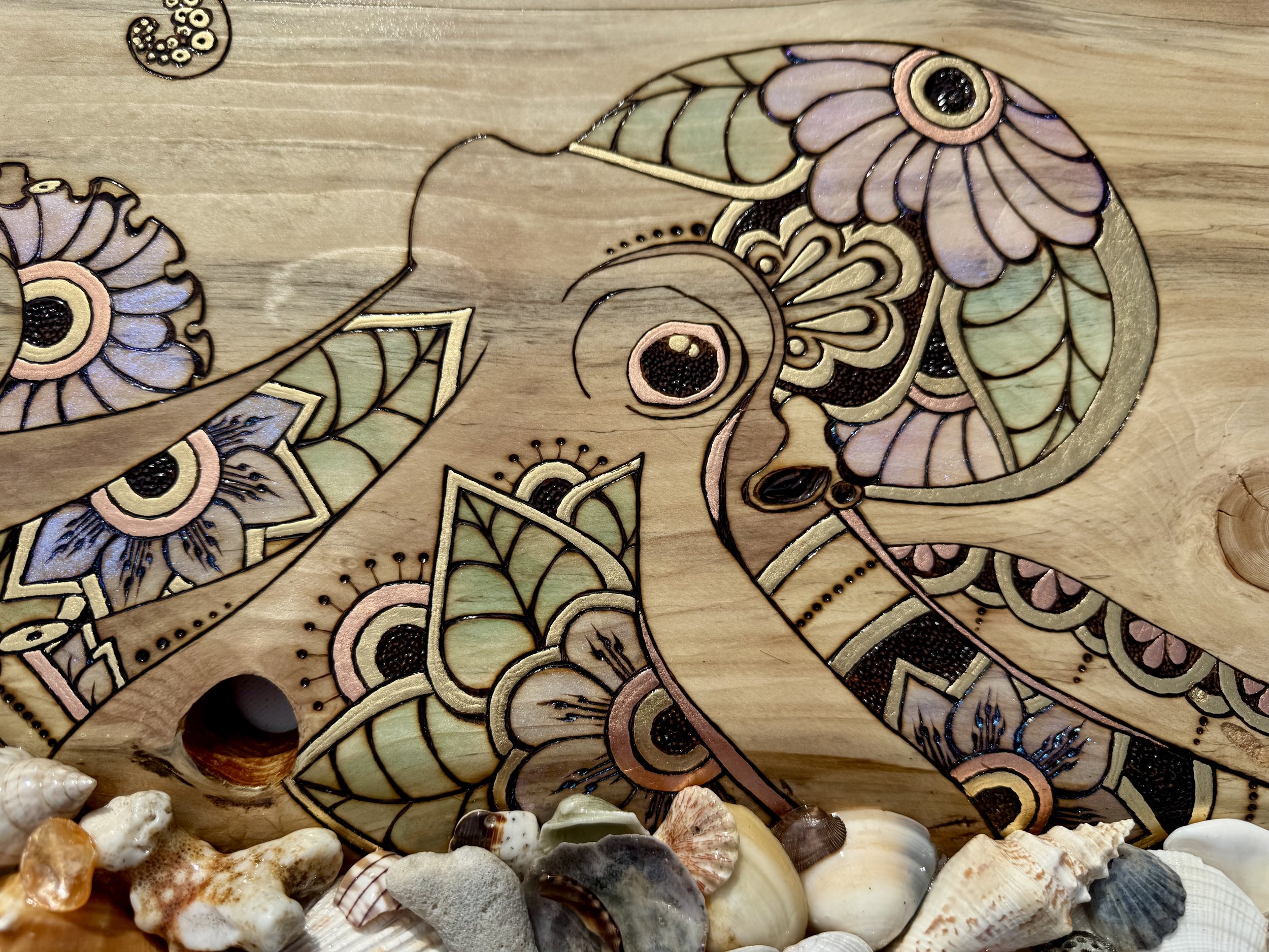 Pyrography wall art on aspen layered with shells and gold leaf