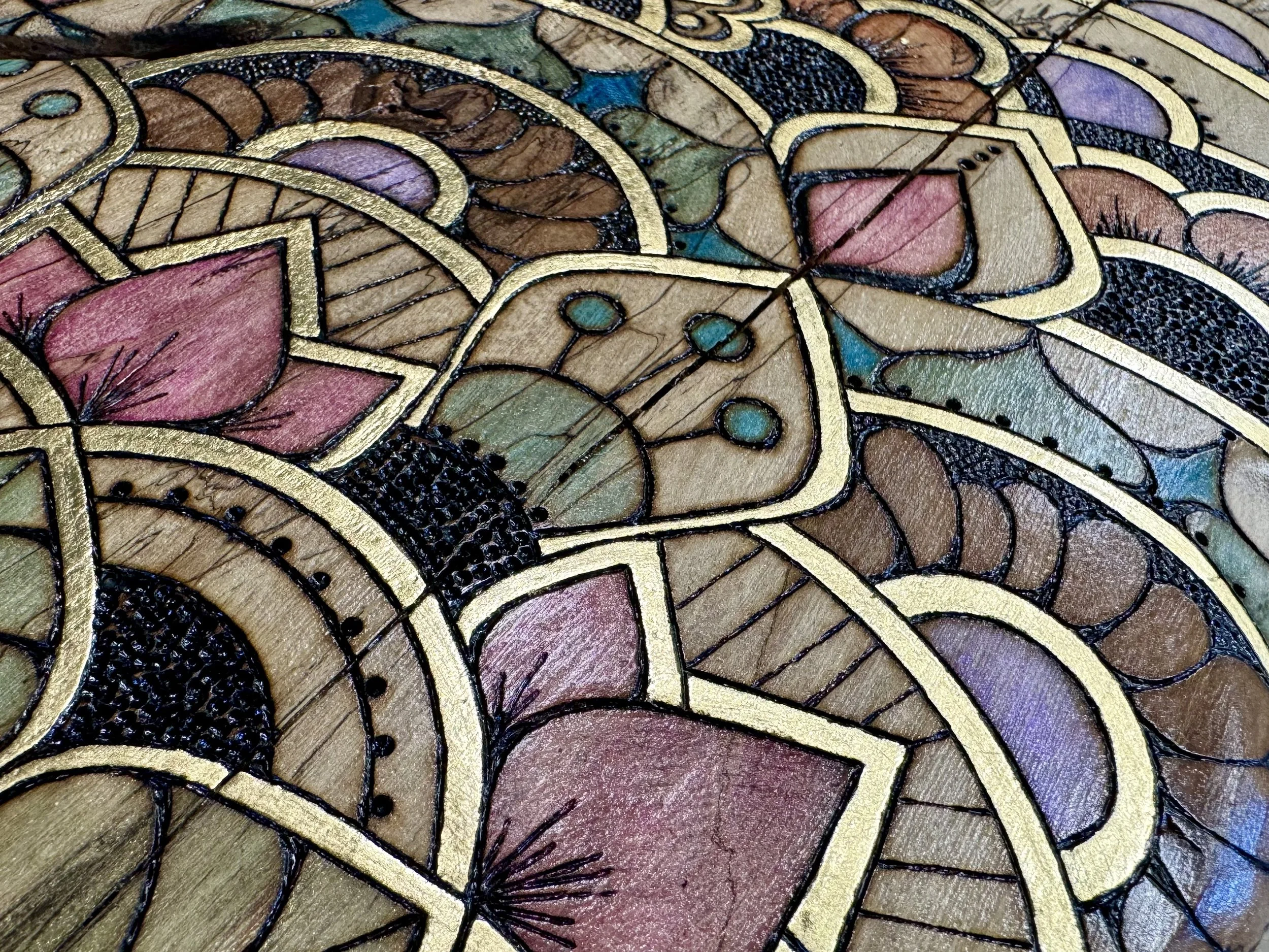 Mandala wall art inspired by Vedic geometry created on elm wood