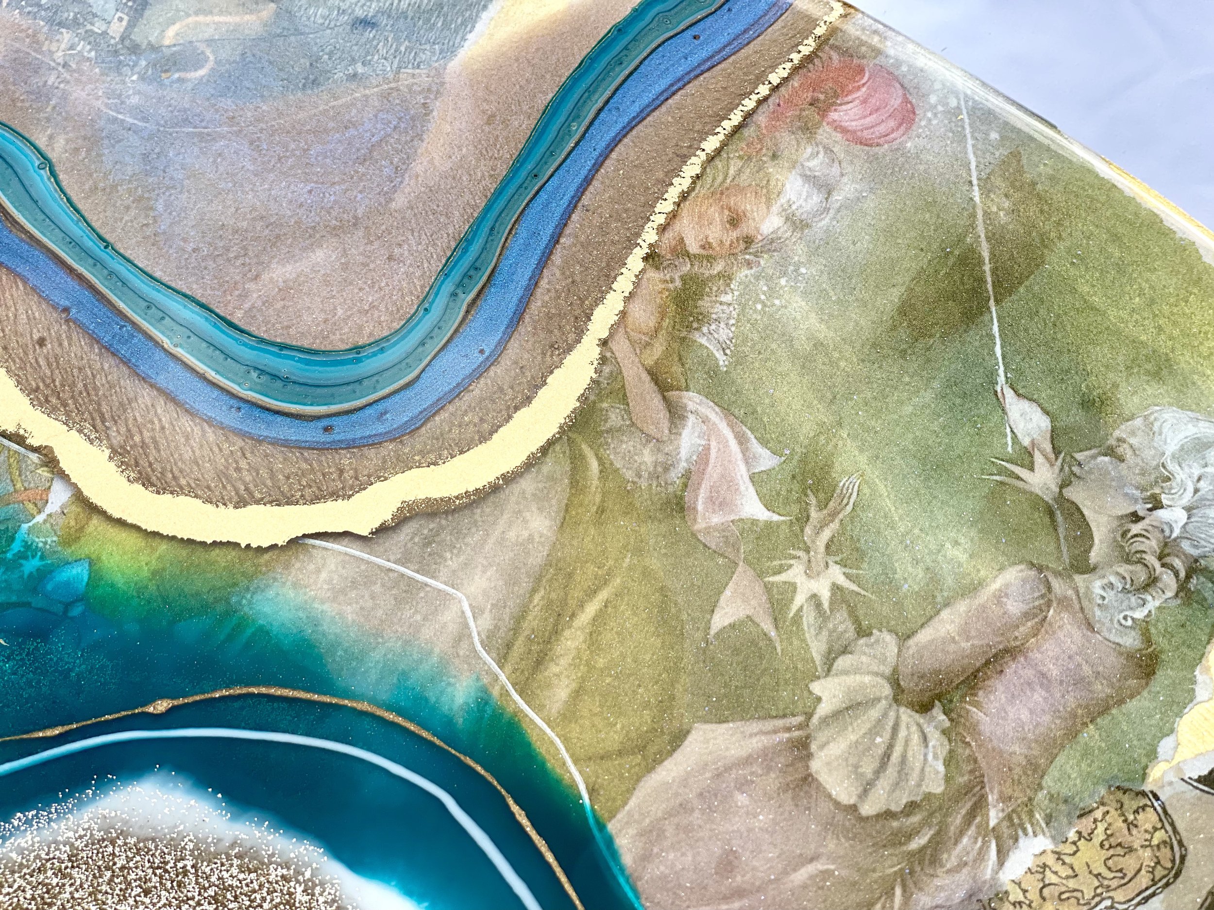 Reflective mixed media wall art designed for a bedroom or resting space