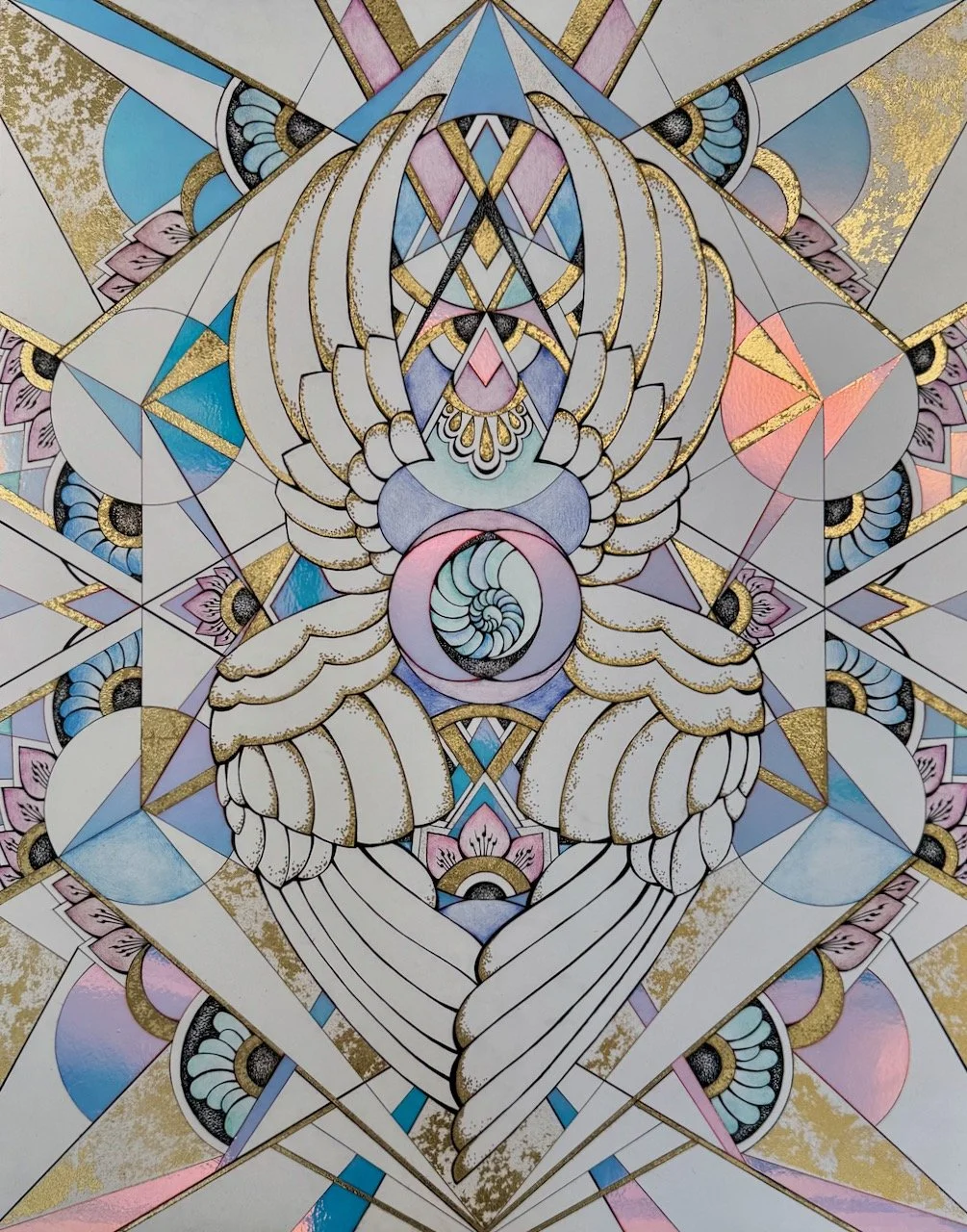 Wing pattern detail from Seraphina, showing fine linework and radiant symmetry.