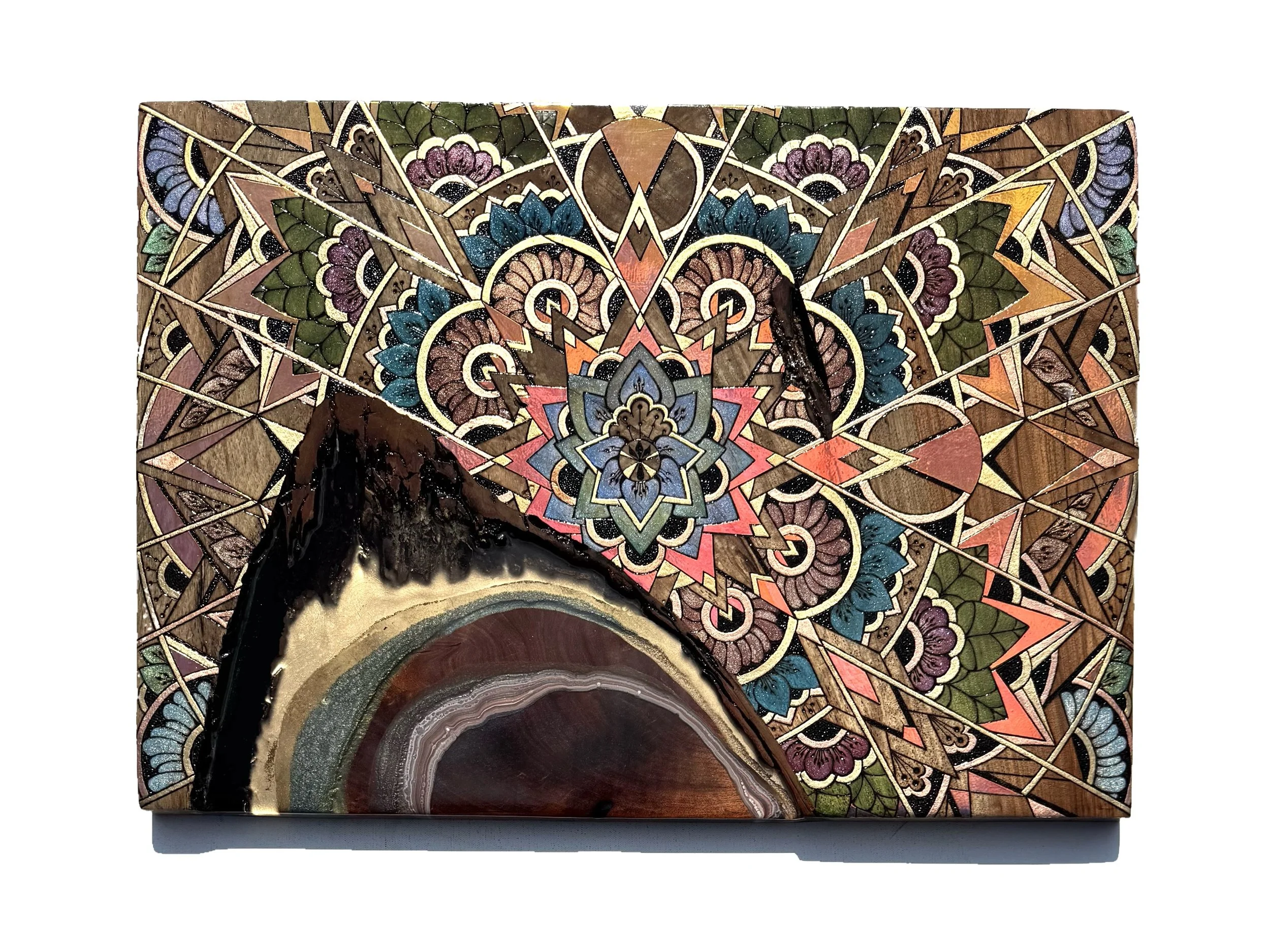 Mixed media wall art combining walnut, mesquite, resin, and alcohol ink. Rich in texture, energy, and light.