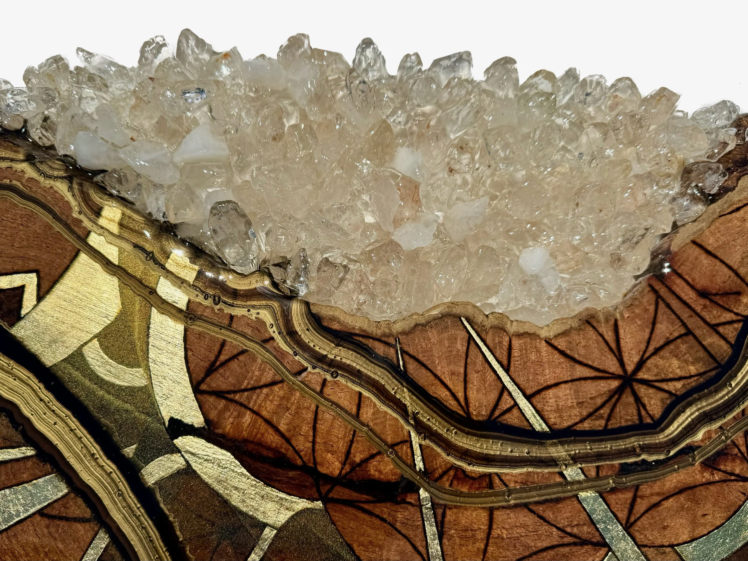 Original wall art by Anne Shackelford inlaid with gold leaf and layered with resin and pigment.