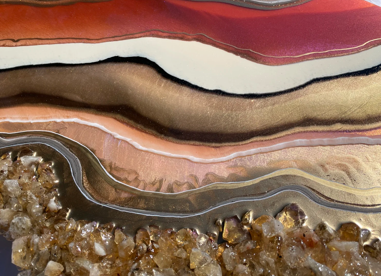 Original wall art featuring citrine crystals and luminous mixed media surface