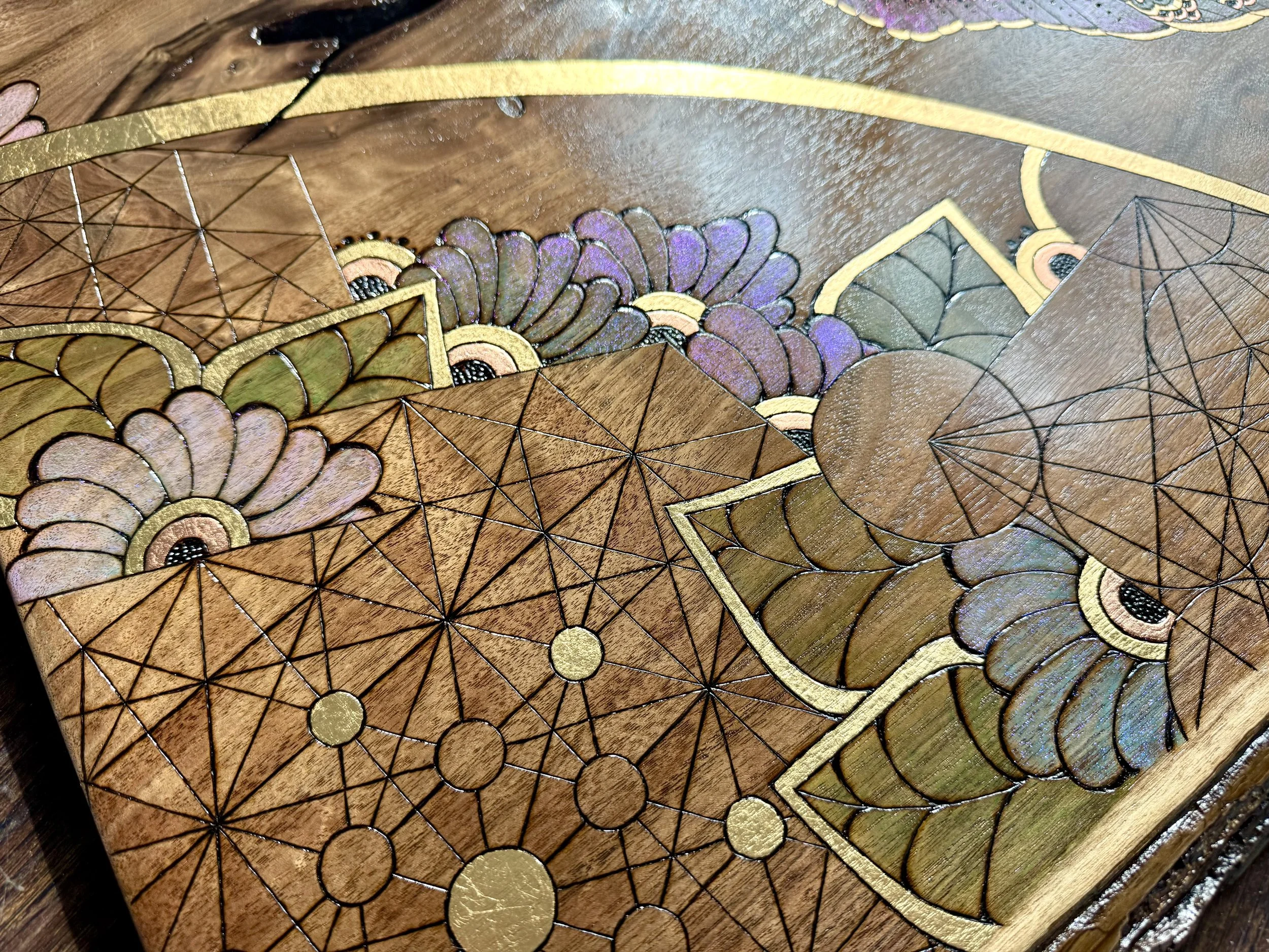 Walnut wall art with opal resin and gold leaf accents