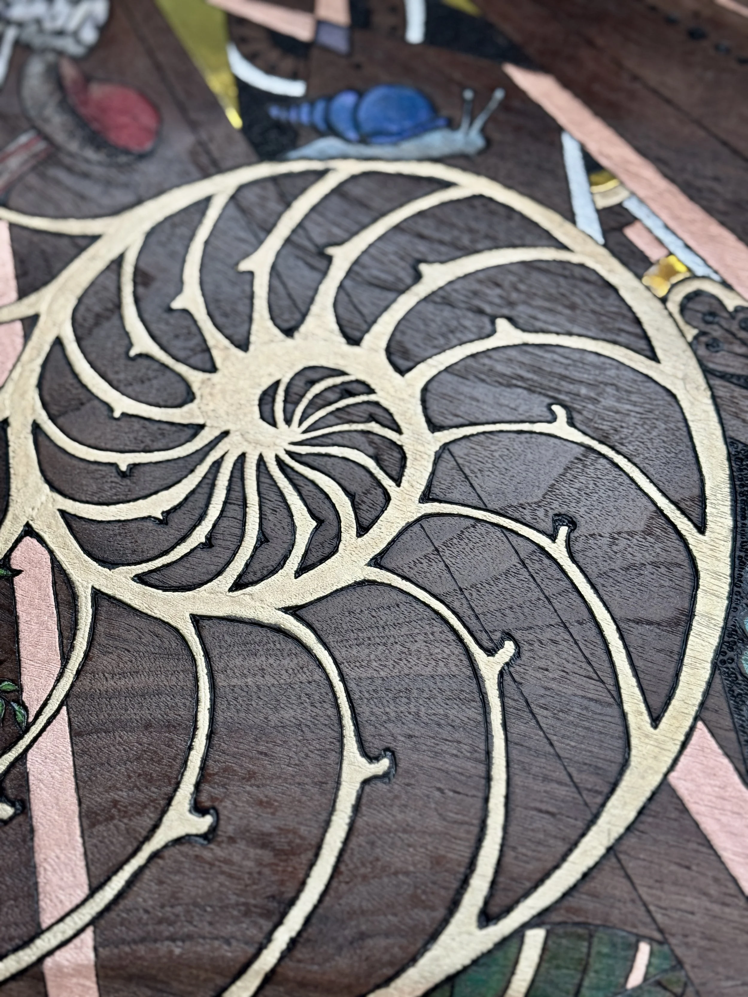 Nautilus spiral design in handcrafted mesquite wood wall art with resin detail