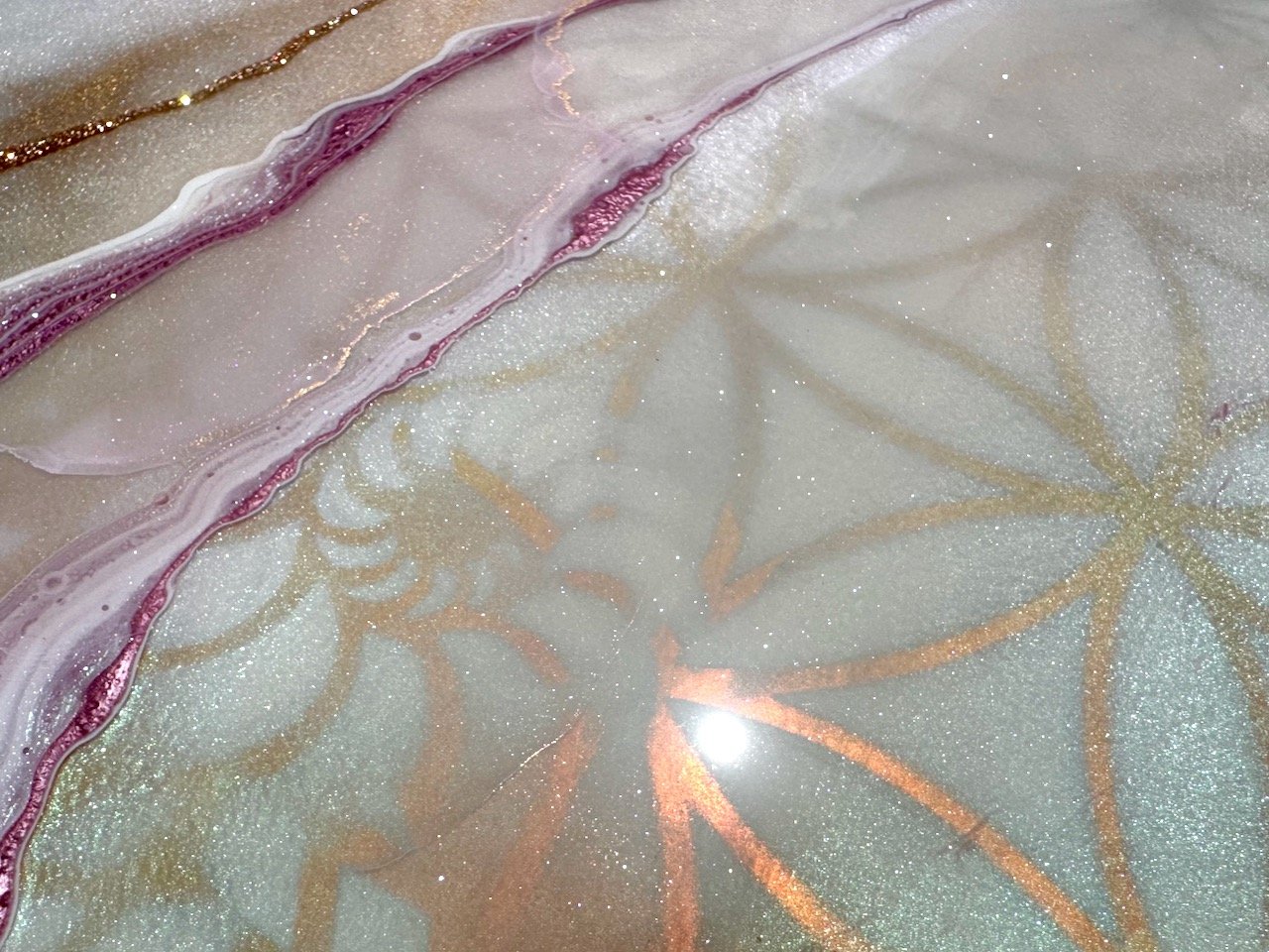 Luxe feminine wall decor featuring gold light codes and pink sacred symmetry by Anne Shackelford