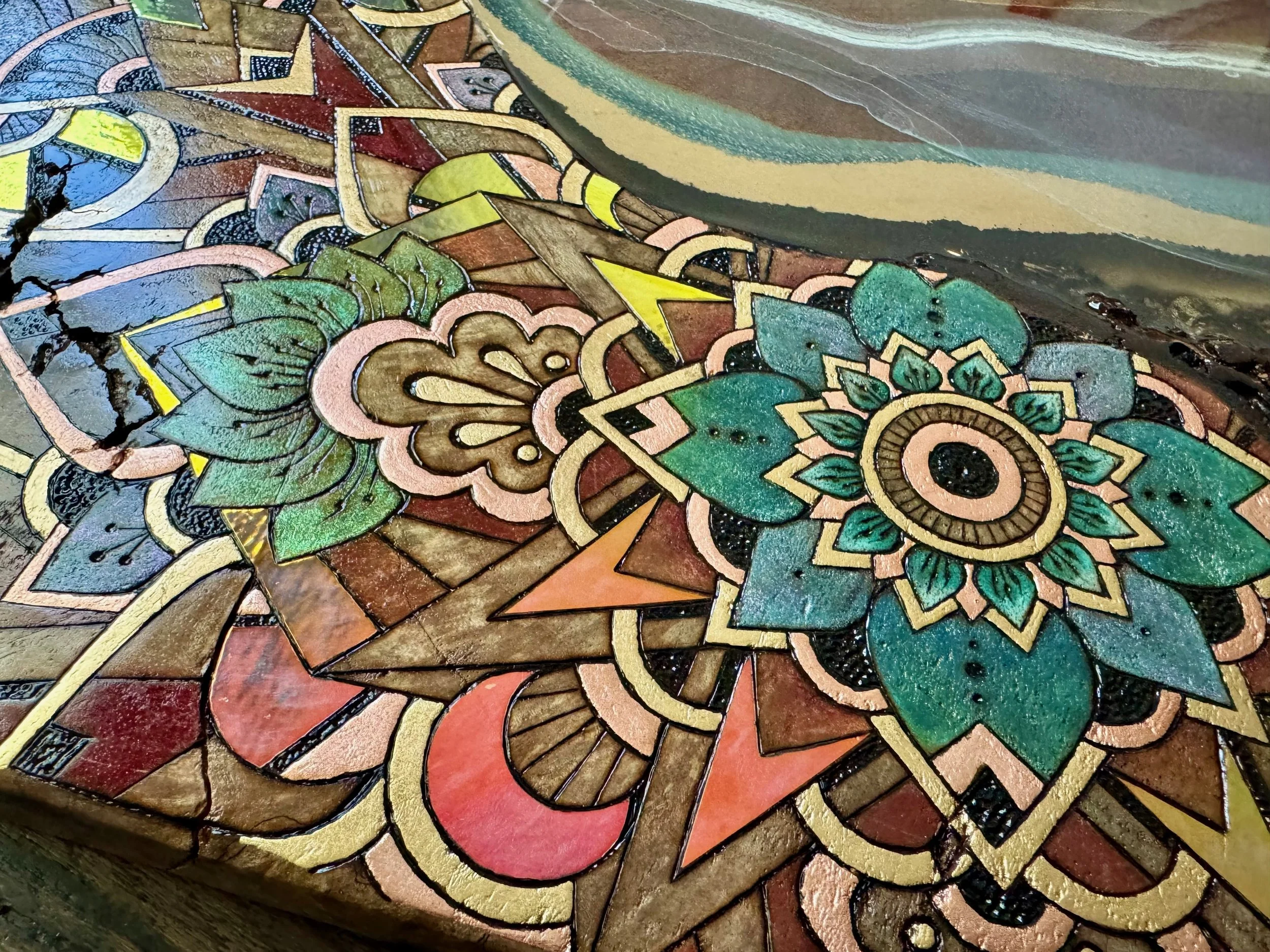 Shimmer pigment and burned line detail with natural woodgrain, modern spiritual art.