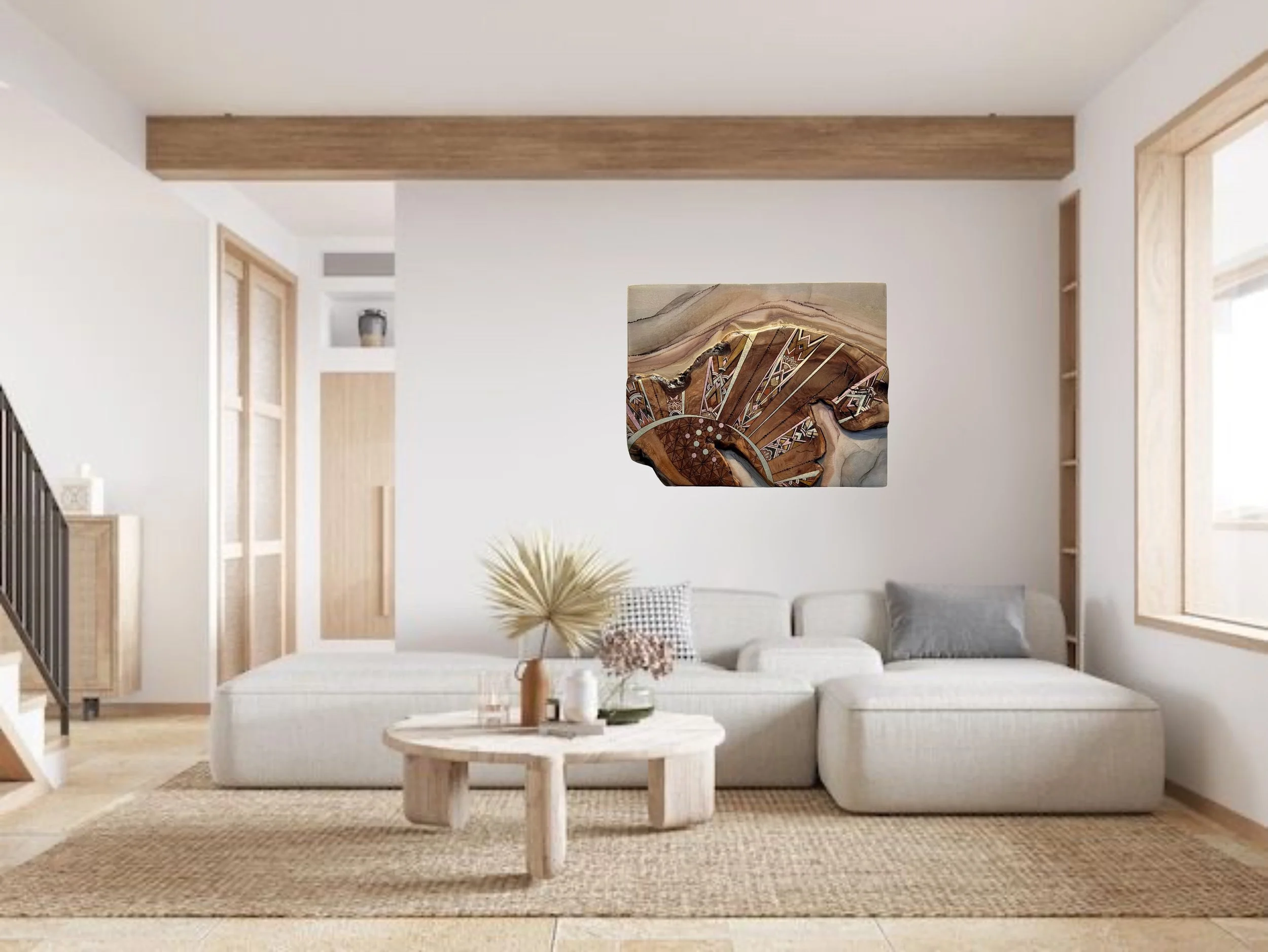 Wall art featuring a sun and shining rays, crafted from resin and walnut.