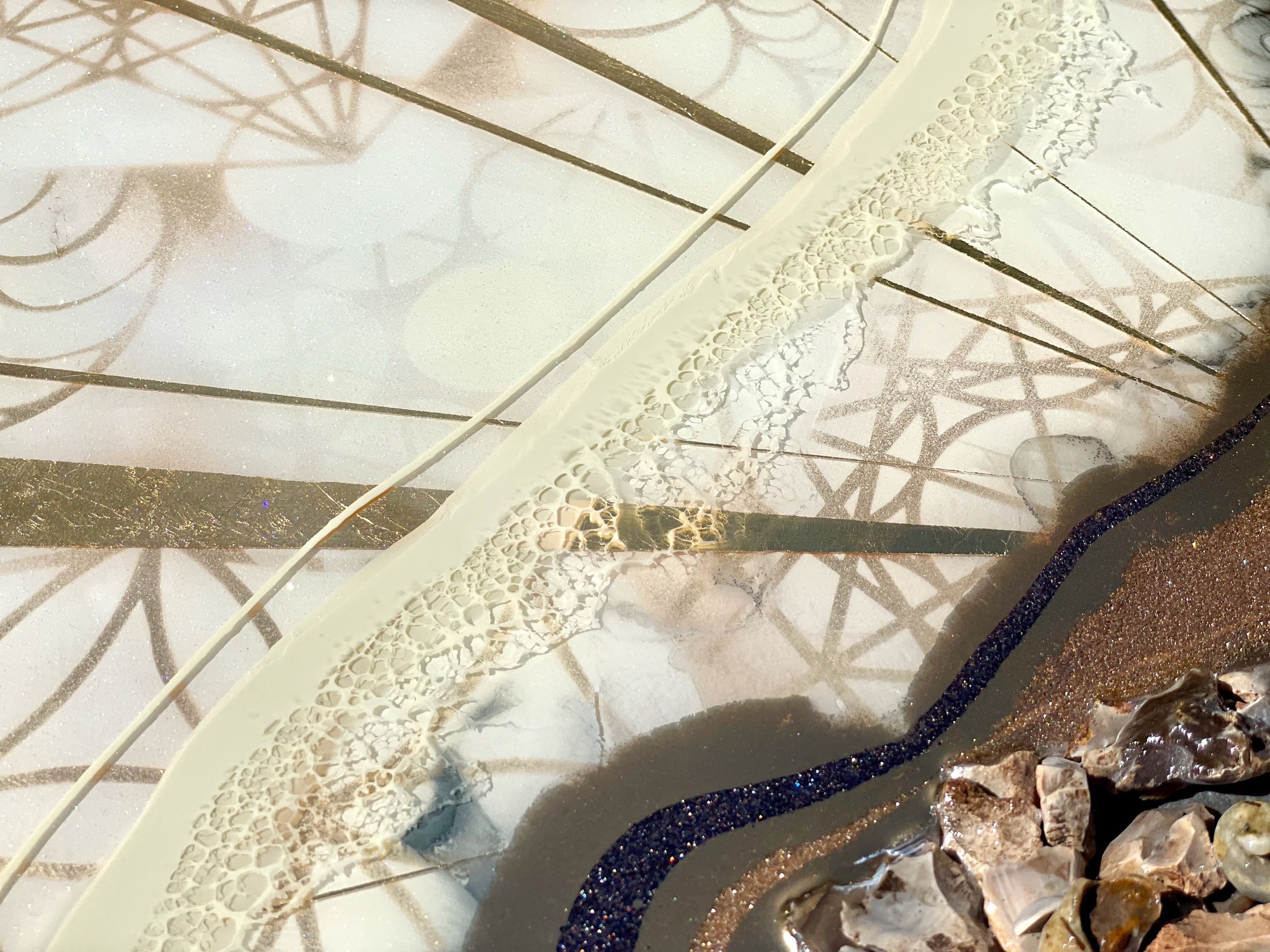 Nature inspired wall art by Austin Texas artist Anne Shackelford with fossilized shell and mineral detail.