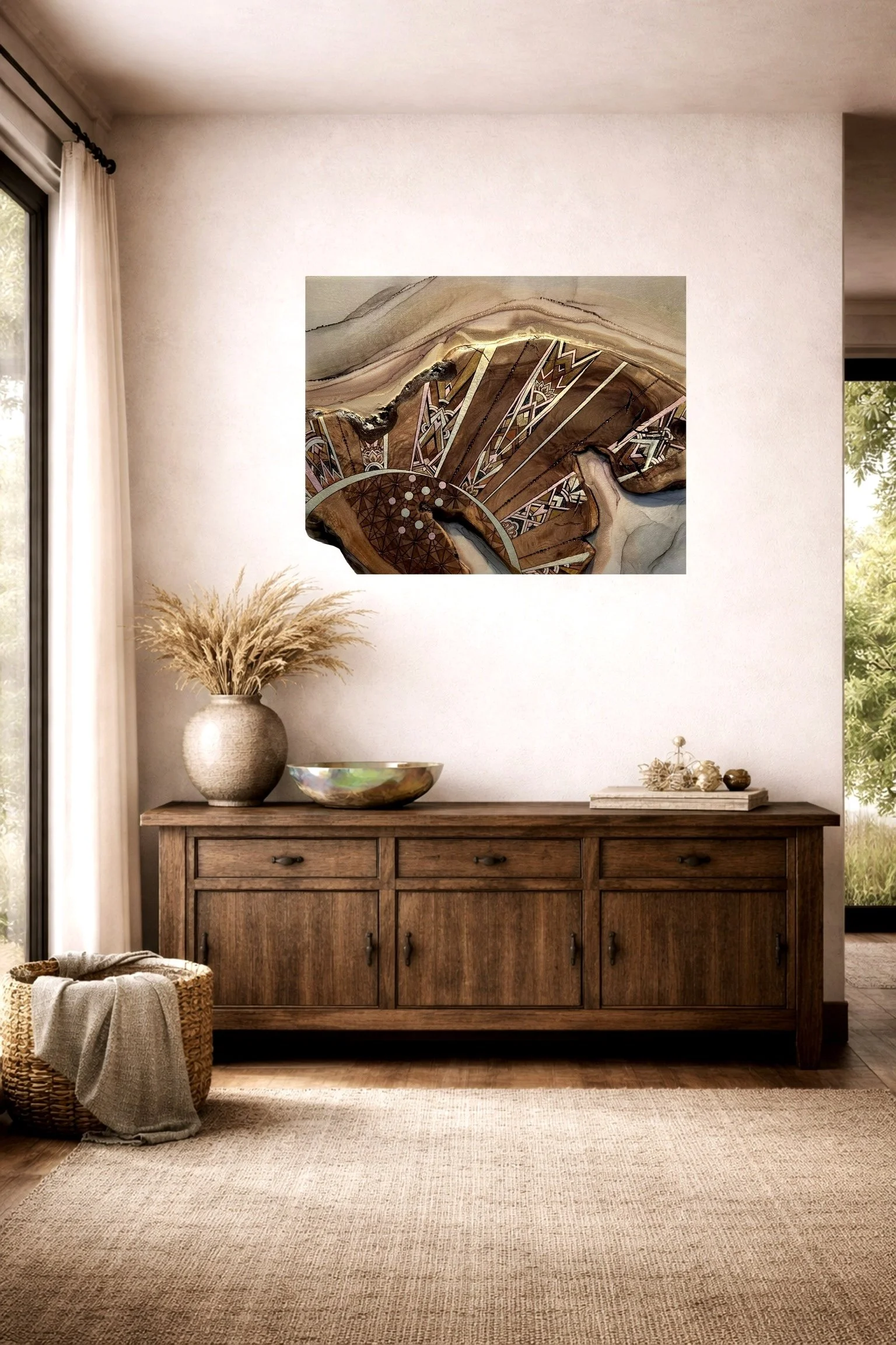 Sun wall art on walnut by Anne Shackelford displayed in a styled interior setting