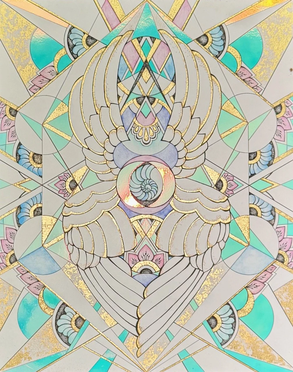 Holographic film reflecting light within the layered geometry of Seraphina.