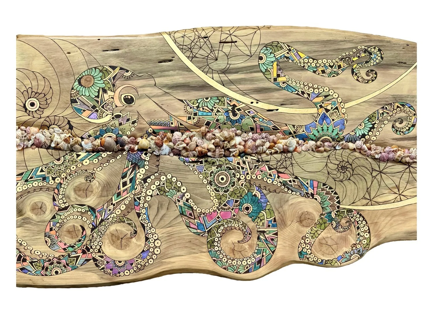 Vibrant wall art showcasing Cassandra the octopus, created with pyrography, alcohol ink, and holographic film.
