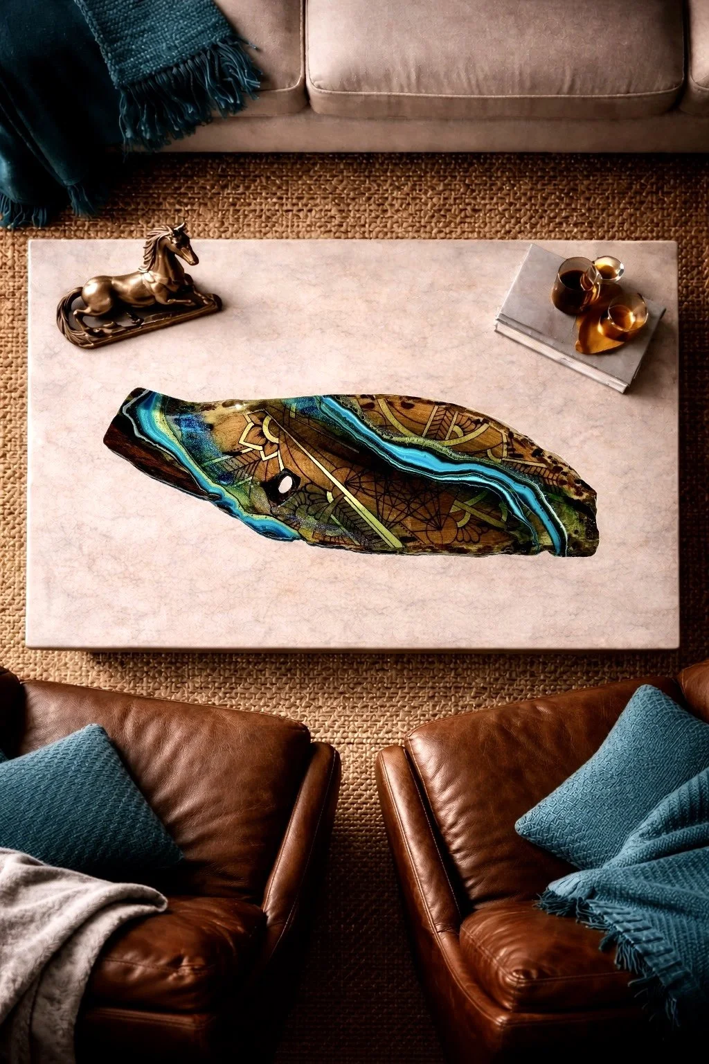 Replenish functional art by Anne Shackelford, pyrography and resin on mesquite. Interior design.