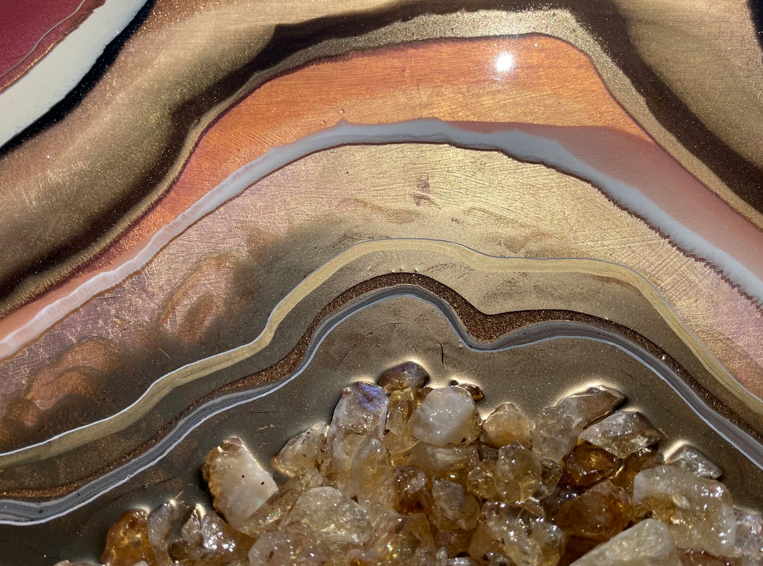 Citrine wall art created with mica pigment, paint, and layered resin