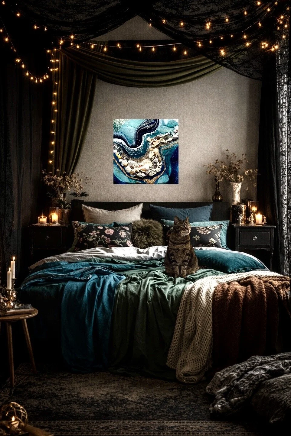 Wall art by Anne Shackelford displayed in a styled interior space