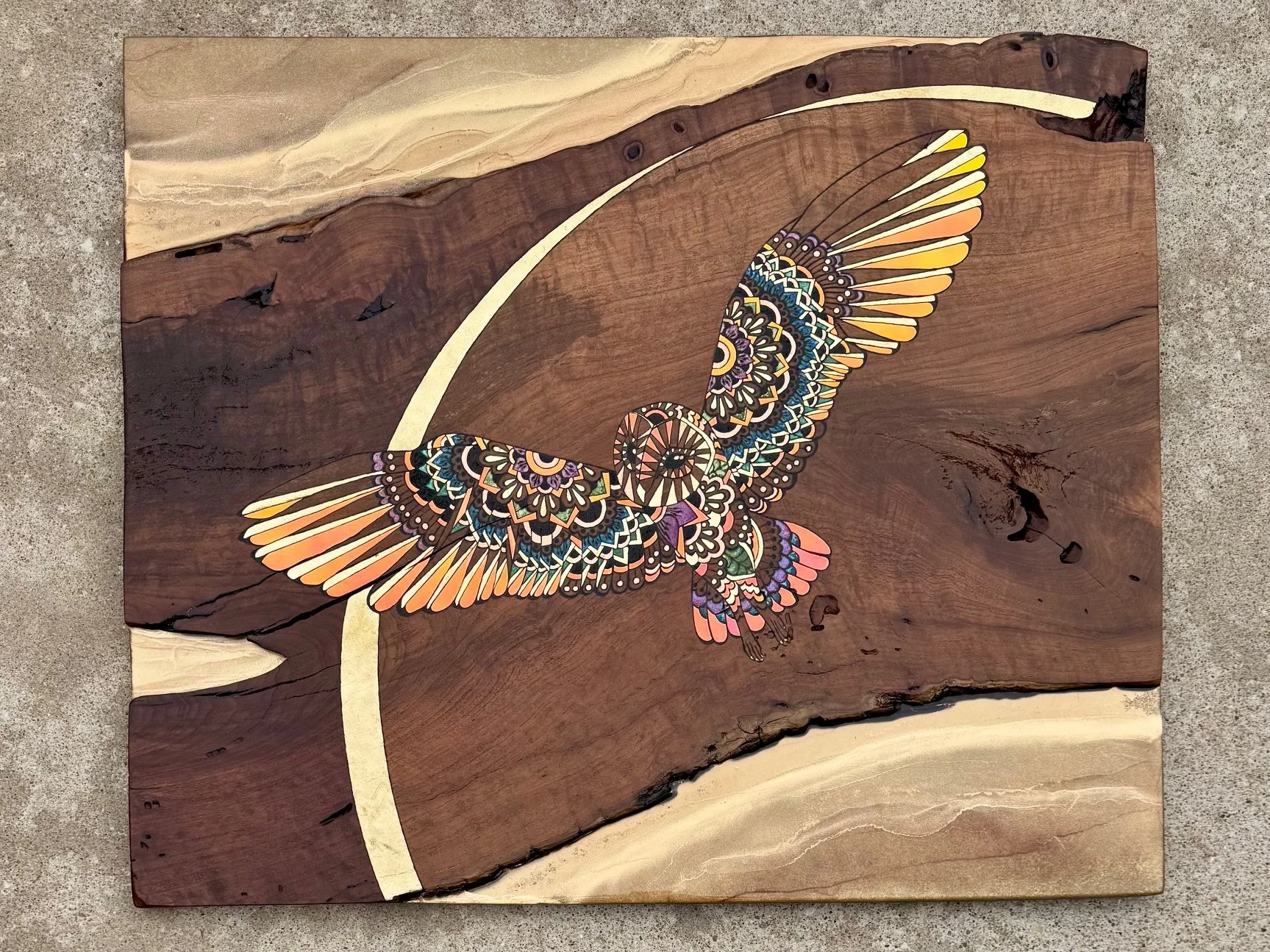 Emberwing wall art, mixed-media owl created with resin, alcohol ink, mesquite, and shimmer from the Firelight Collection.