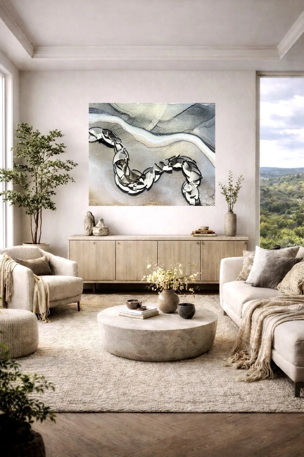 Aparigraha wall art by Anne Shackelford displayed in a styled interior setting