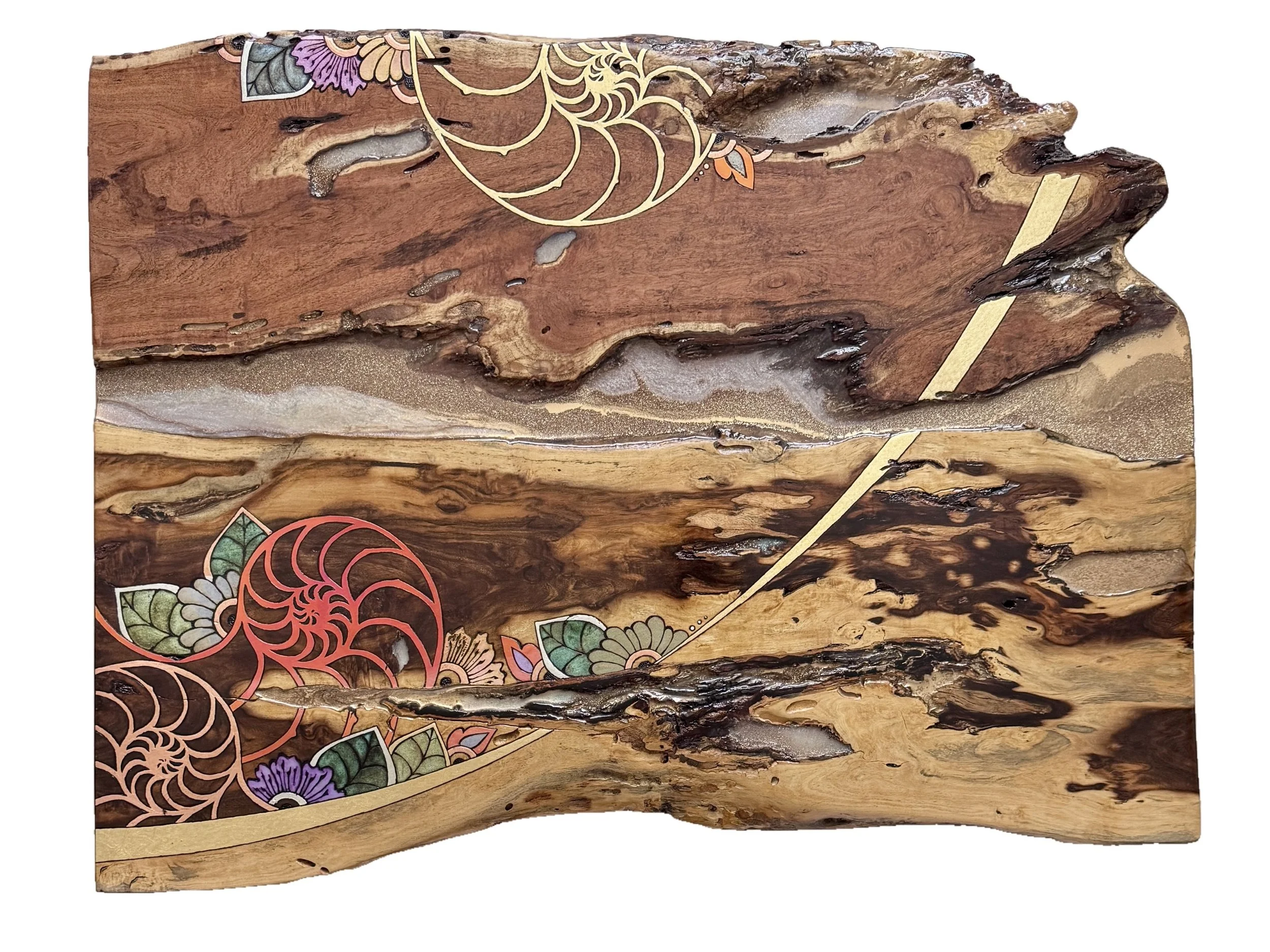 Light-responsive mixed media artwork created from Texas mesquite and maple with pyrography, opal resin and botanical patterns.