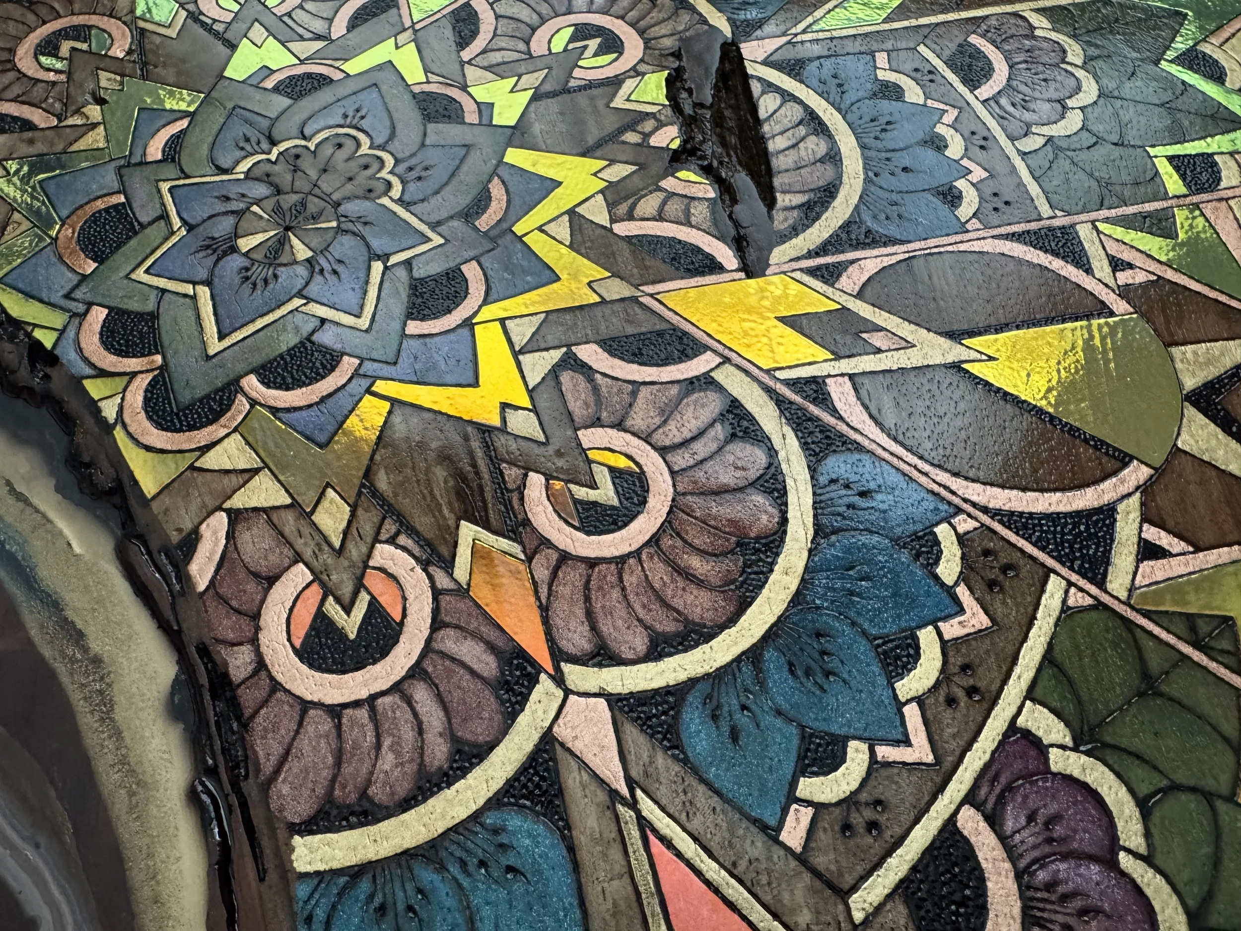 Woodburned mandala radiates through golden resin and hand-applied shimmer. A powerful and earthy statement piece.
