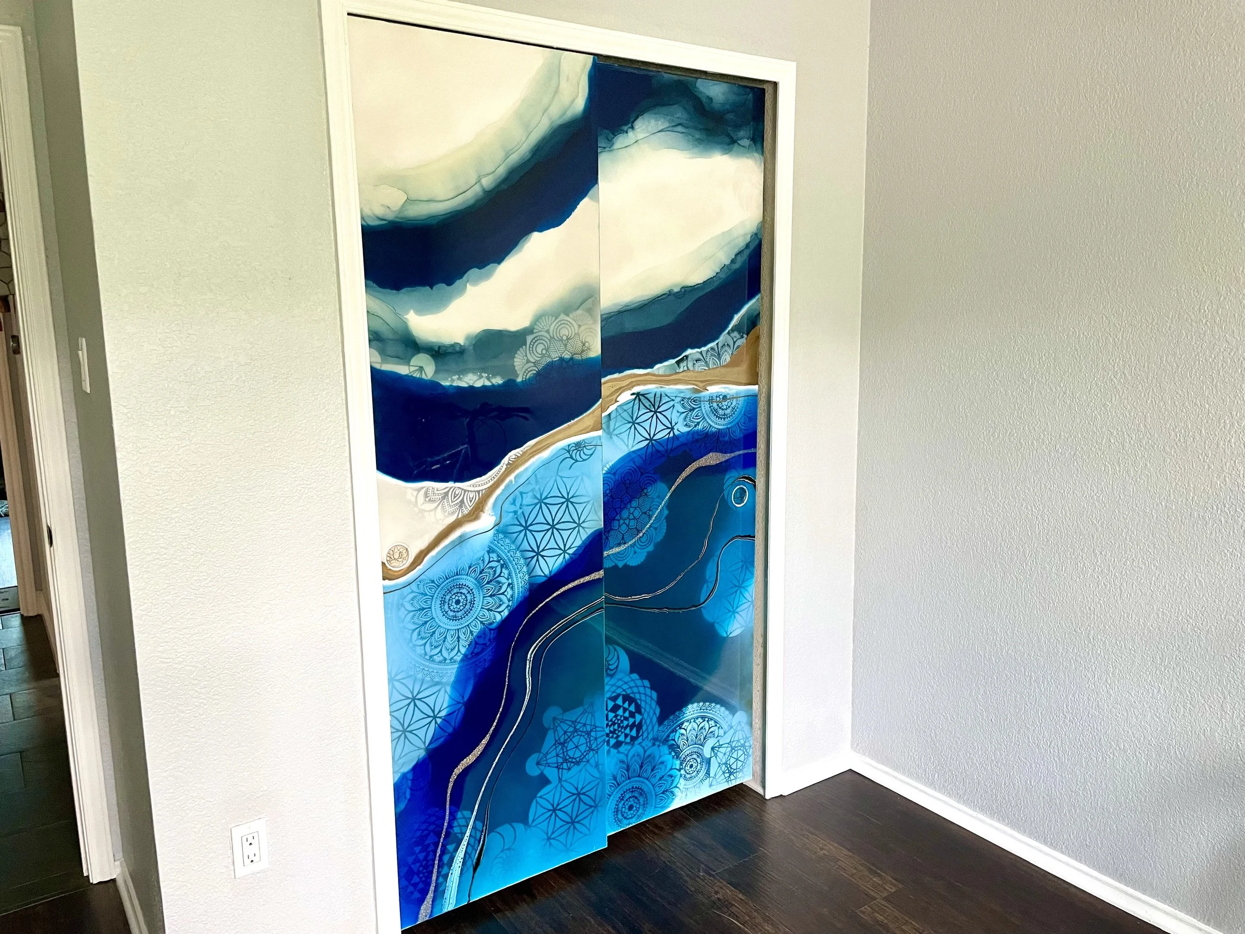 Custom door artwork by Austin Texas artist Anne Shackelford created with alcohol ink and resin