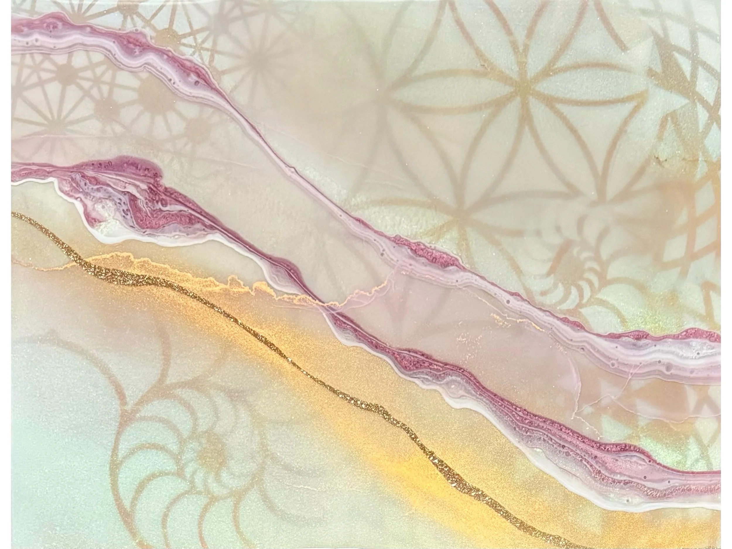 Holographic wall art with layered resin, sacred geometry motifs, and radiant light-reactive surfaces by Anne Shackelford.