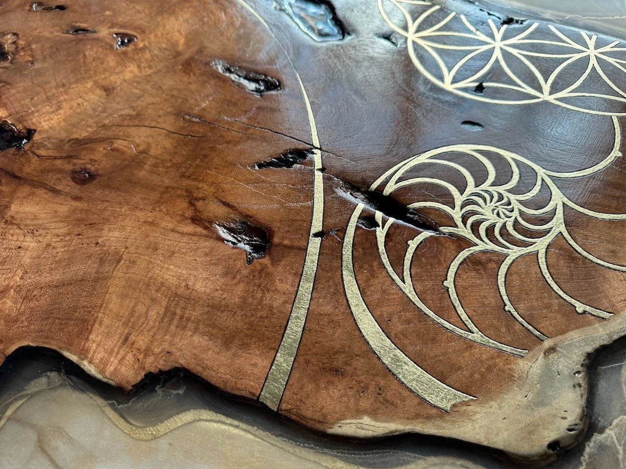 Golden light shimmers across hand-burned Texas Mesquite, layered with resin and pigment in Anne Shackelford’s Islands in the Sun wall art.