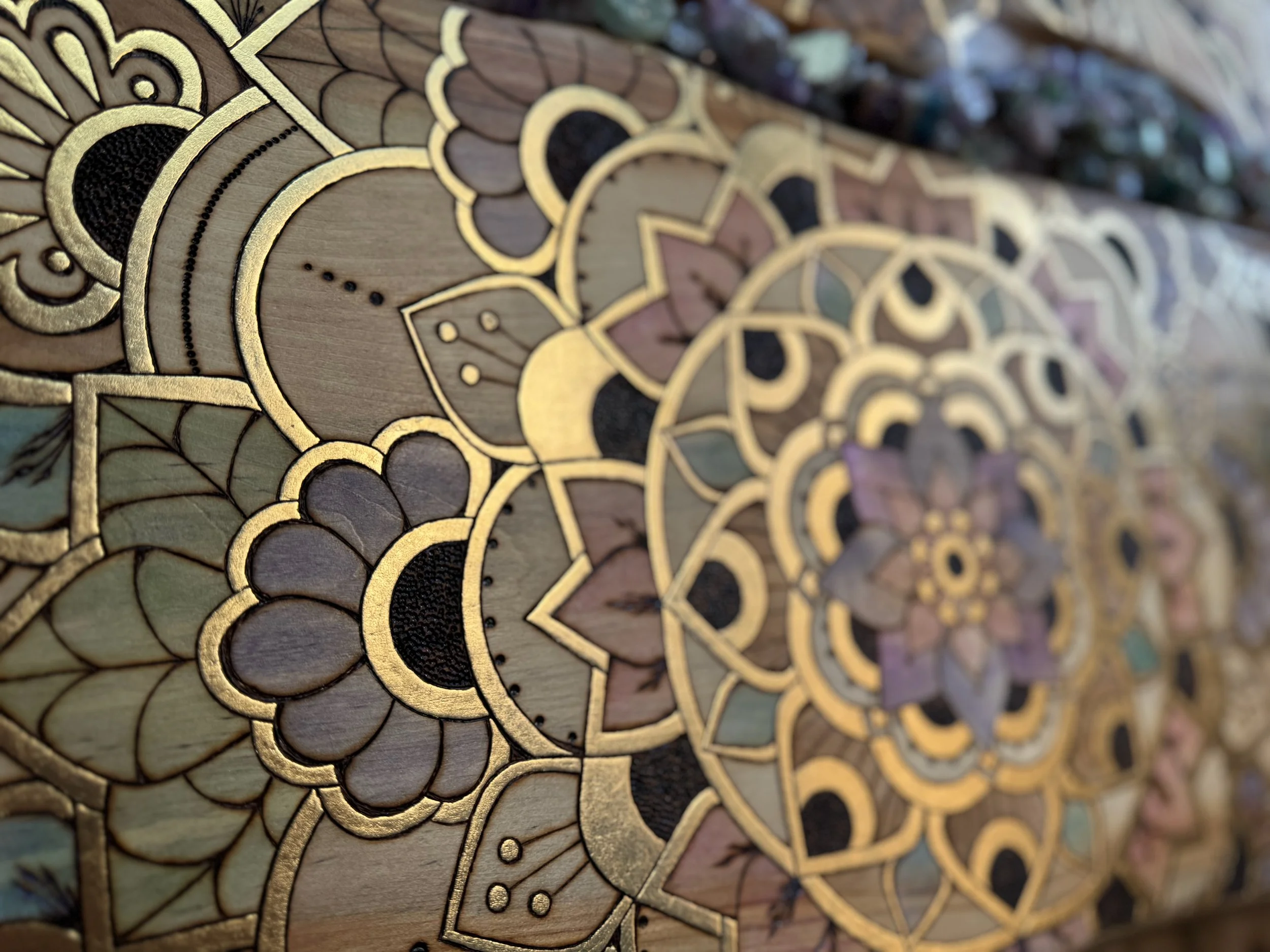 Textured luminous artwork from the Firelight Collection, Parivrtta by Anne Shackelford.