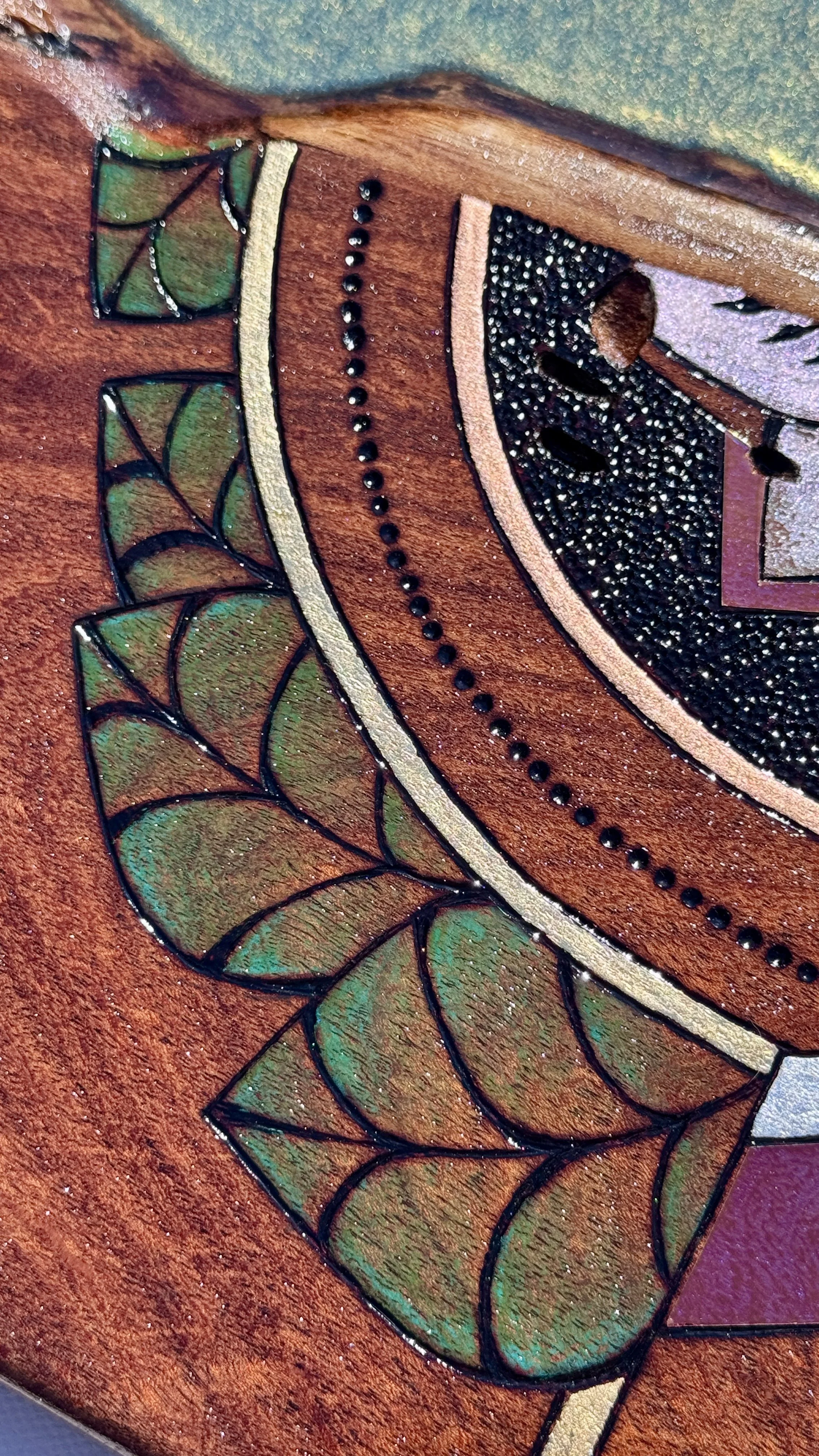 Custom mesquite wall artwork with resin and geometric detail