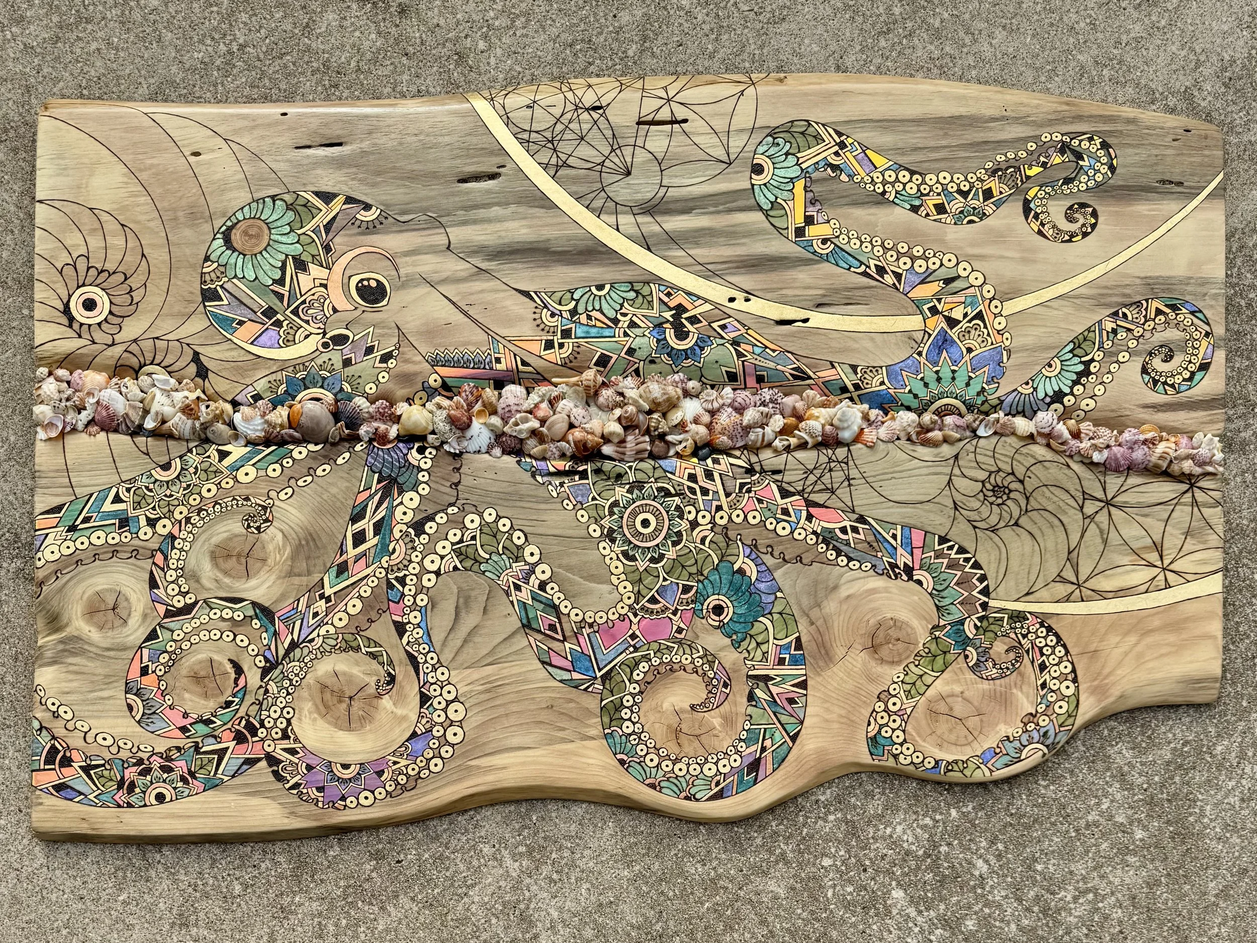 A richly symbolic artwork blending octopus mythology with handmade material process.