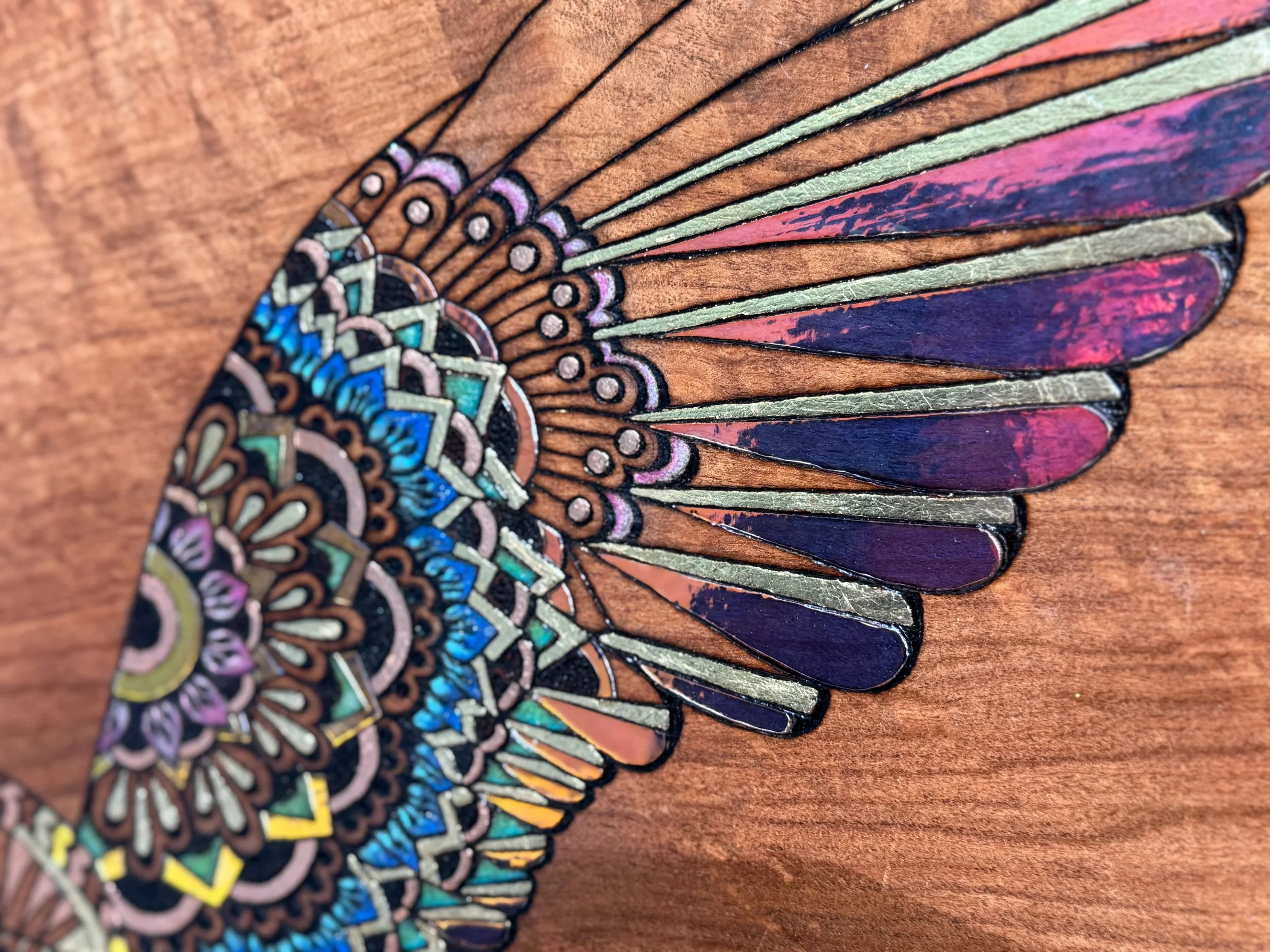 Emberwing mixed media wall artwork by Anne Shackelford, gilded and resin layered texture.